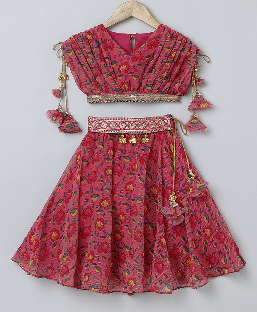 BYB PREMIUM PINK GIRLS LOTUS PRINTED GEORGETTE SKIRT AND TOP-image-4