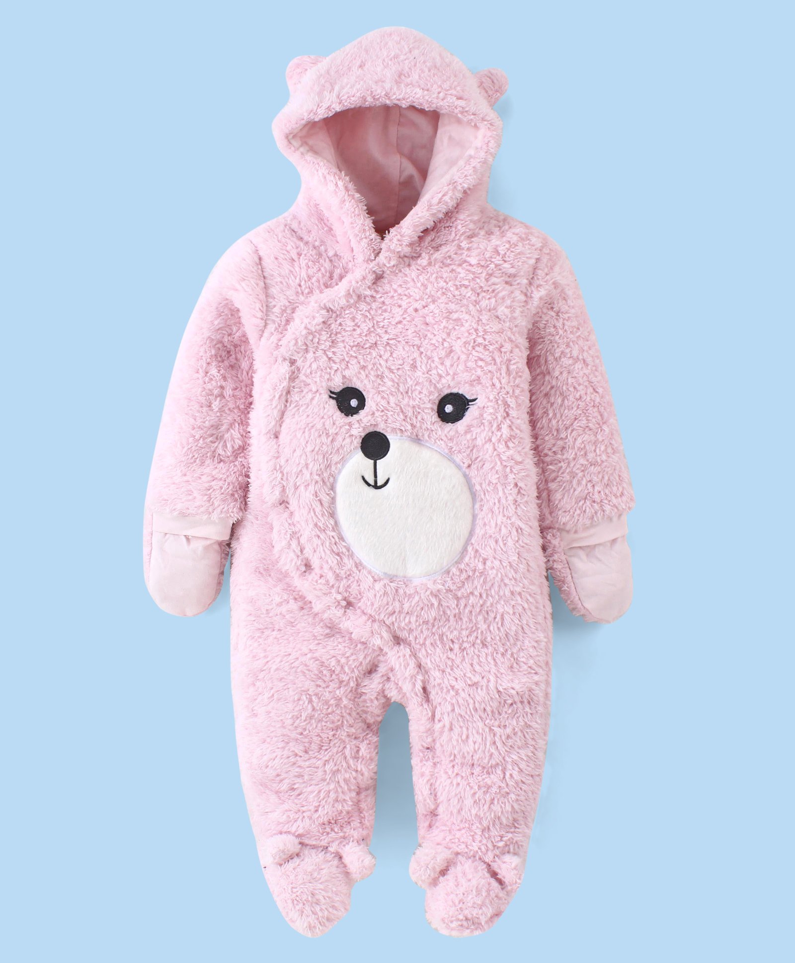 Babyhug Fur Woven Full Sleeves Winter Wear Footed Hooded  Romper with Bear Embroidery - Pink-picture-22