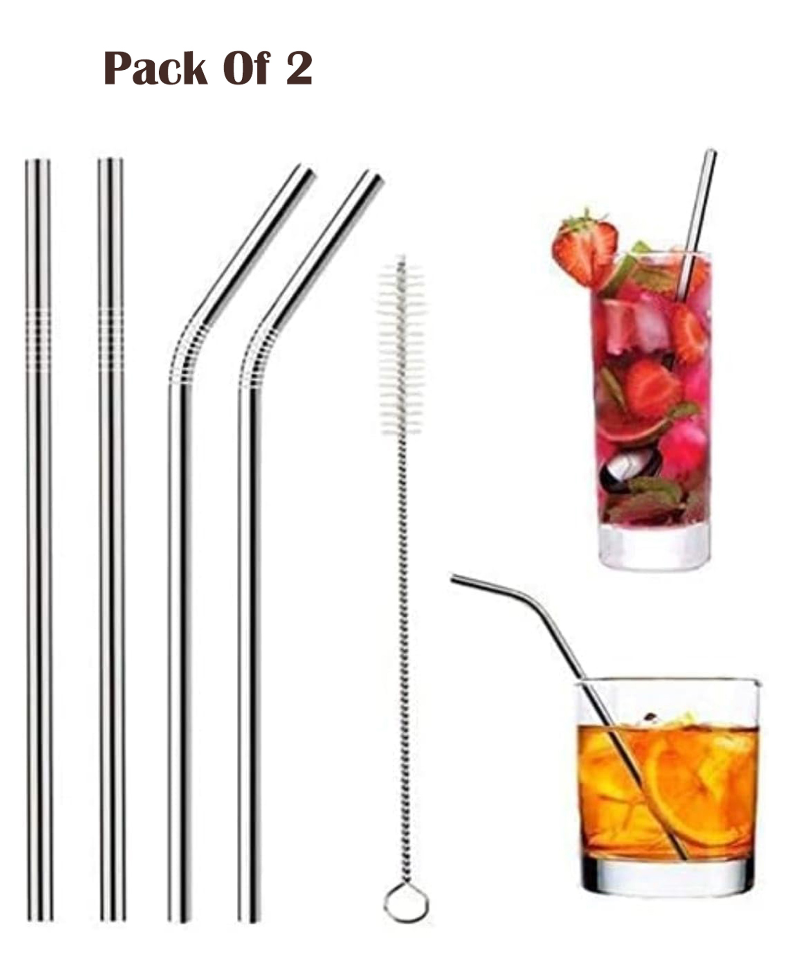 mihar essentials Mihar Stainless Steel Straws with Cleaning Brush - Silver ( Pack Of 2 )-picture-0