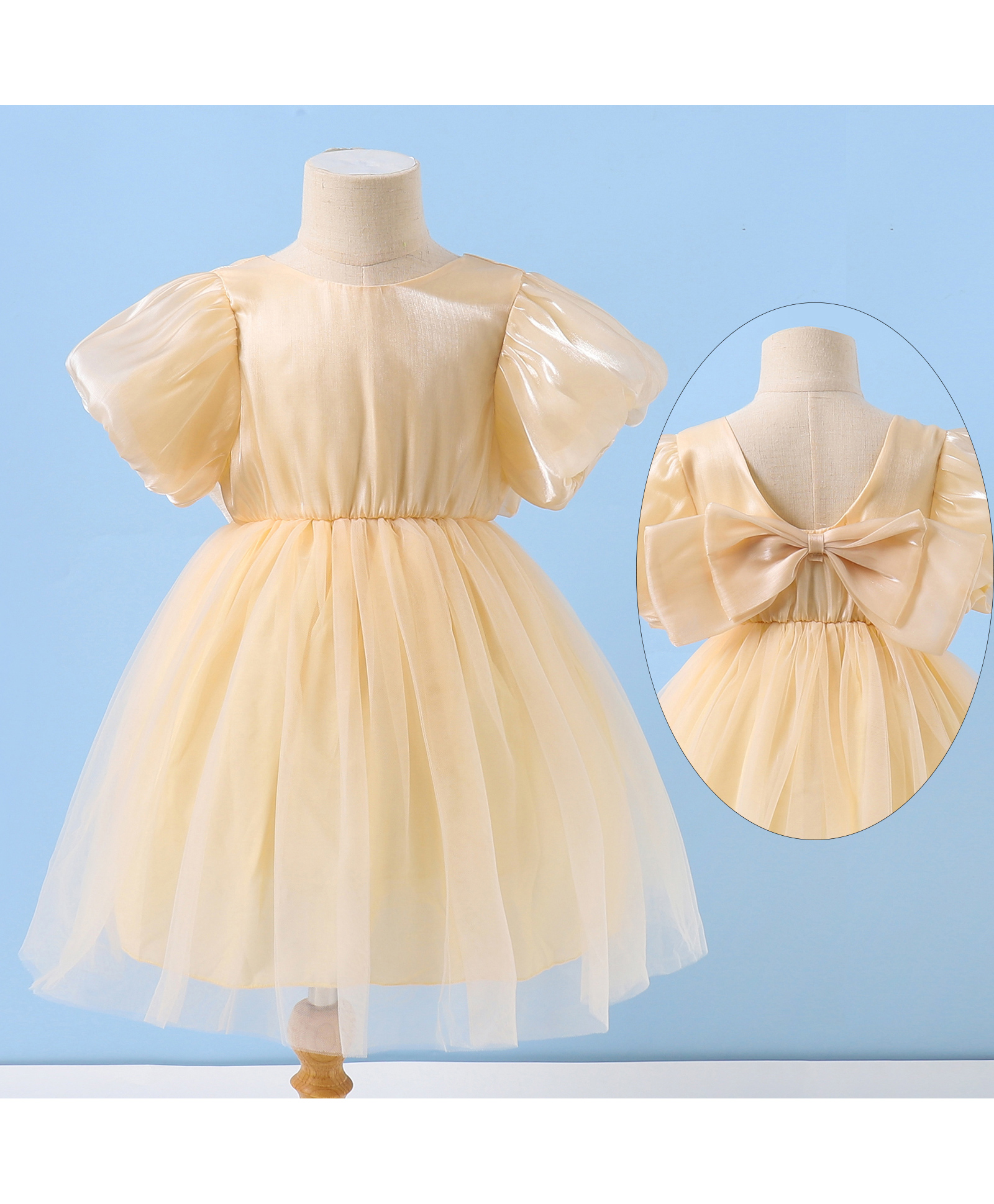 Kookie Kids Half Sleeves Party Frock with Bow Detailing - Beige-image-47