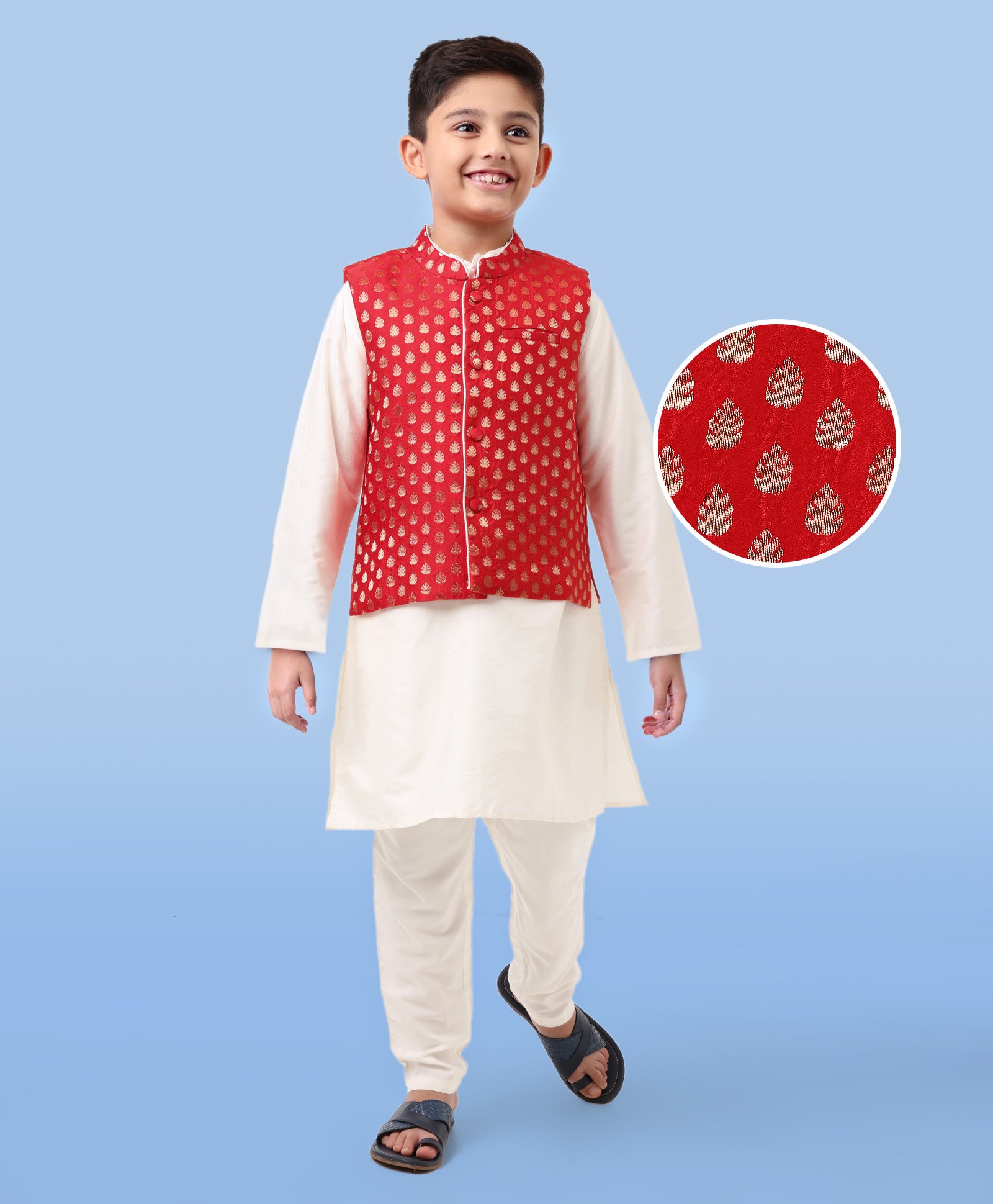 Earthy Touch Full Sleeves Cotton Satin Kurta Pyjama Set with Brocade Printed Jacket - Red & White-image-12