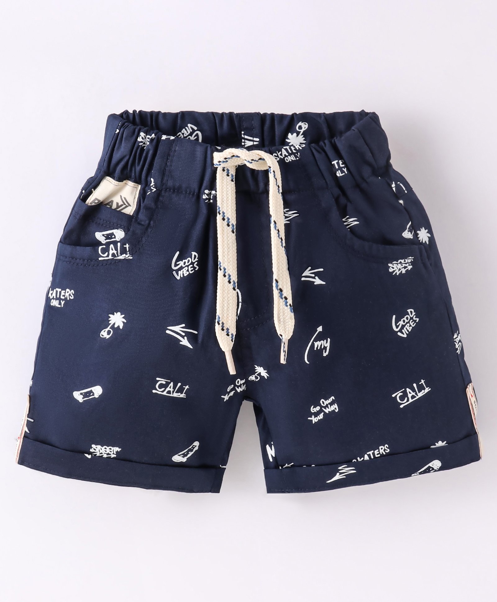 Little Kangaroos Woven Denim Shorts with Text  Print  -  Navy Blue-image-17