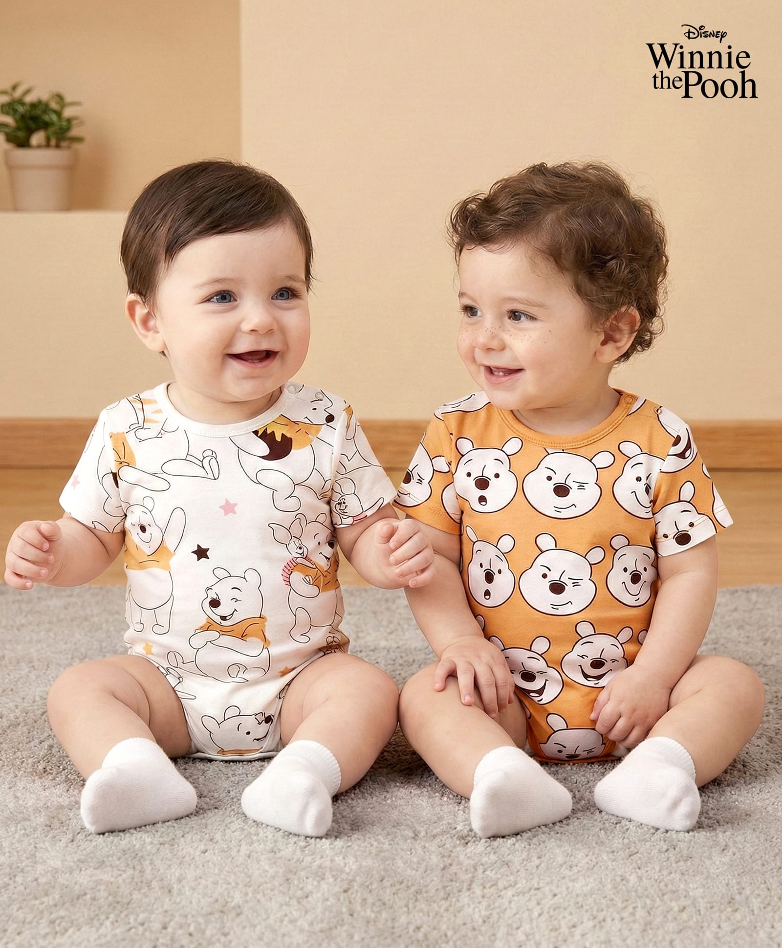 Babyoye Disney Interlock Knit Half Sleeves Onesies With Winnie The Pooh Print Pack of 2 - Orange & White-picture-16