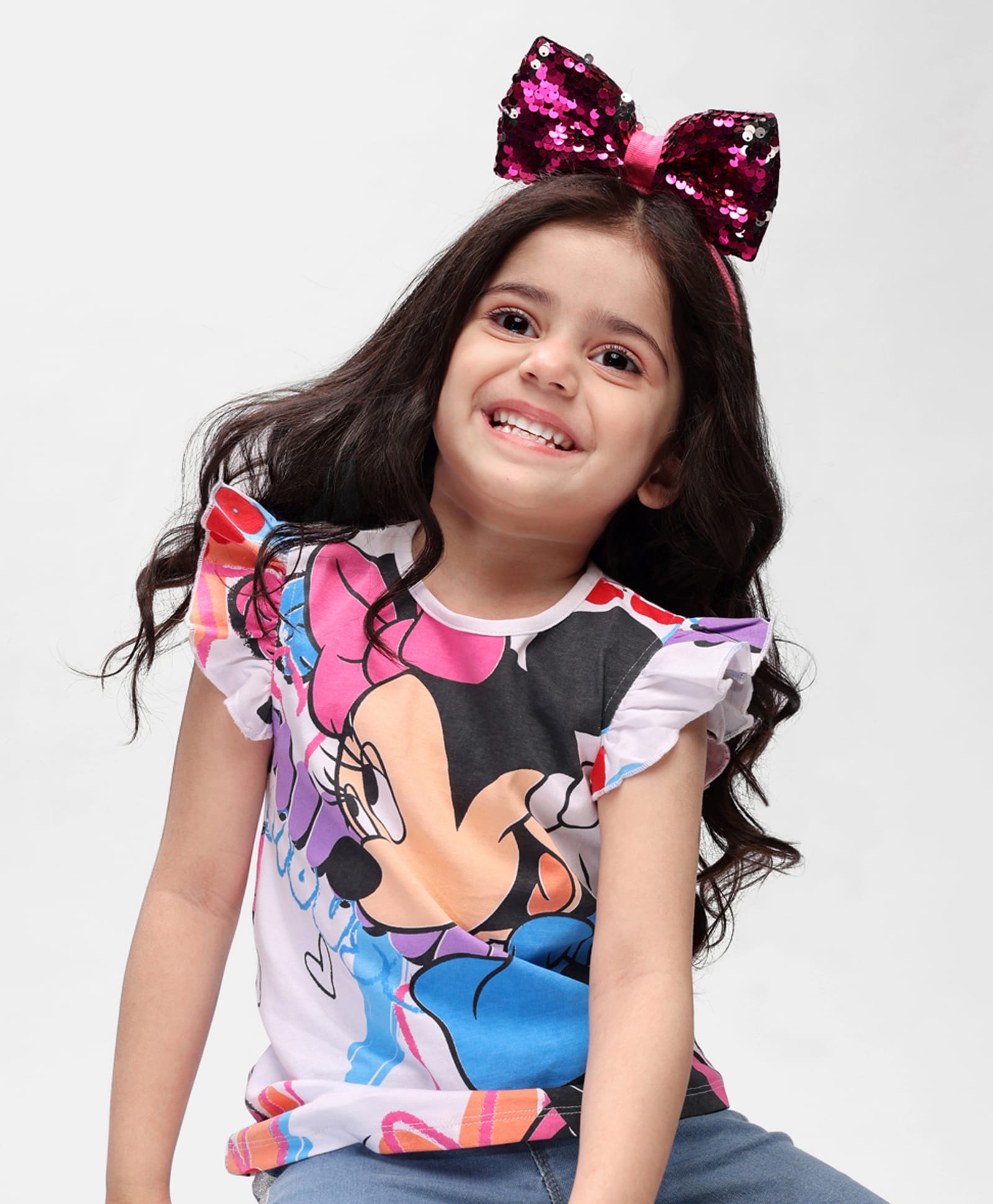 Babyhug Disney Cotton Knit Frill Sleeves Top with Minnie Graphics - White-picture-33