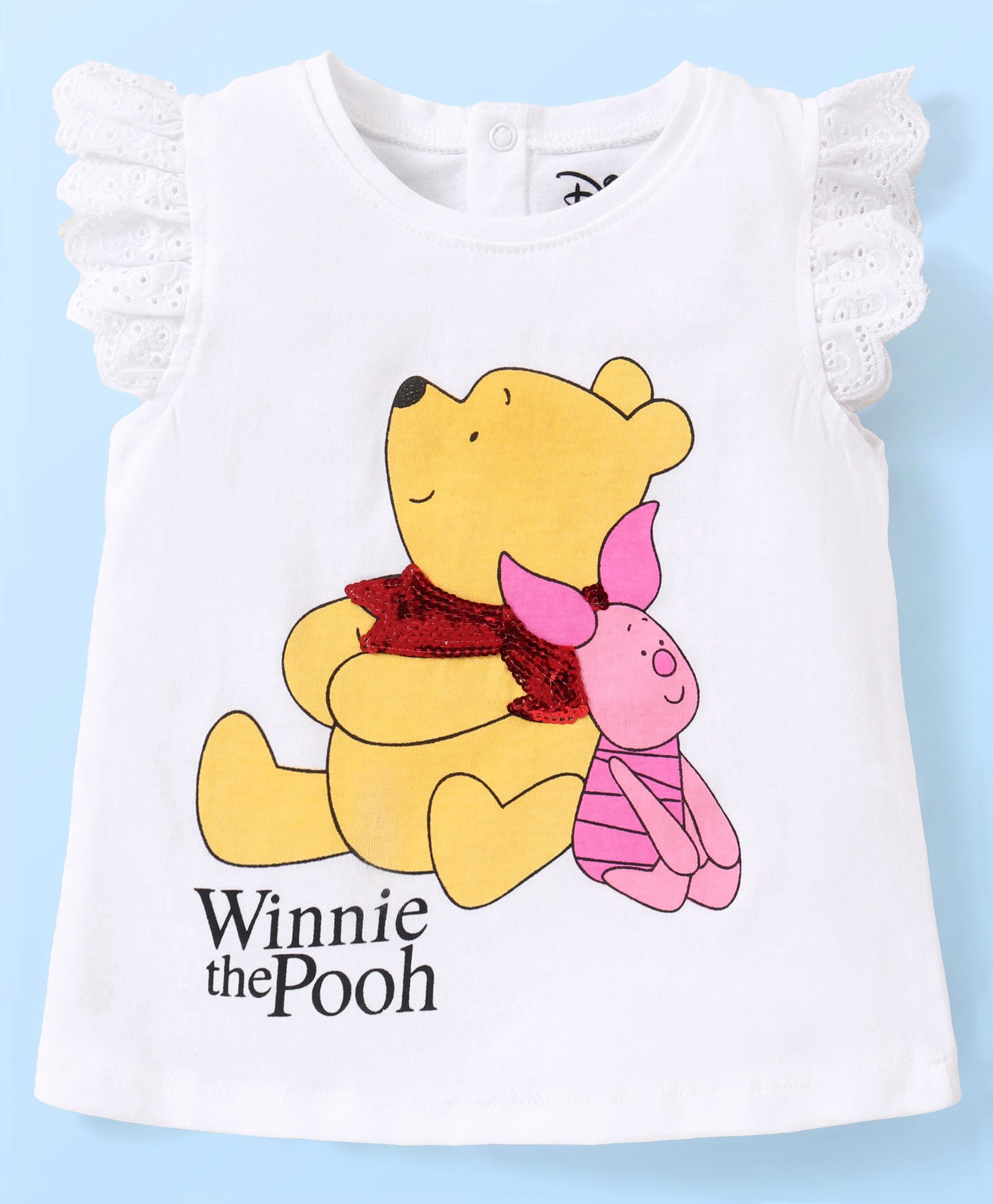 Babyhug Disney Cotton Knit Frill Sleeves Winnie The Pooh Graphics Top with Schiffili Detailing - White-picture-15