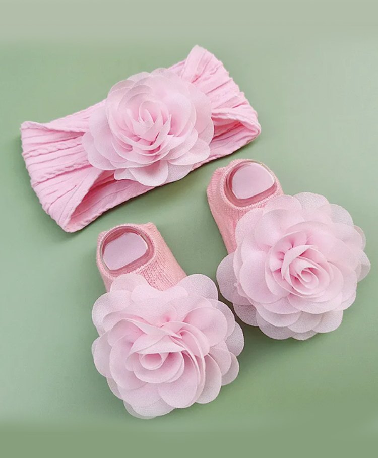 Flaunt Chic Floral Applique Ankle Socks & Elastic Headband  - Pink-picture-18