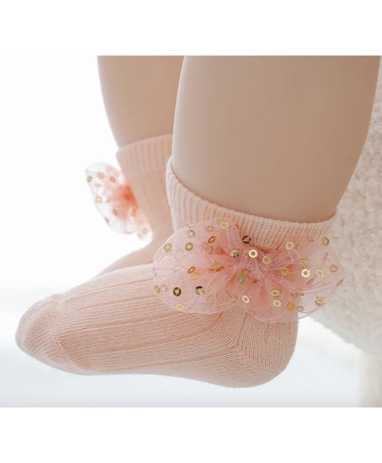 Flaunt Chic Cotton Sequin Bow Net Detailed Socks- Peach-picture-42