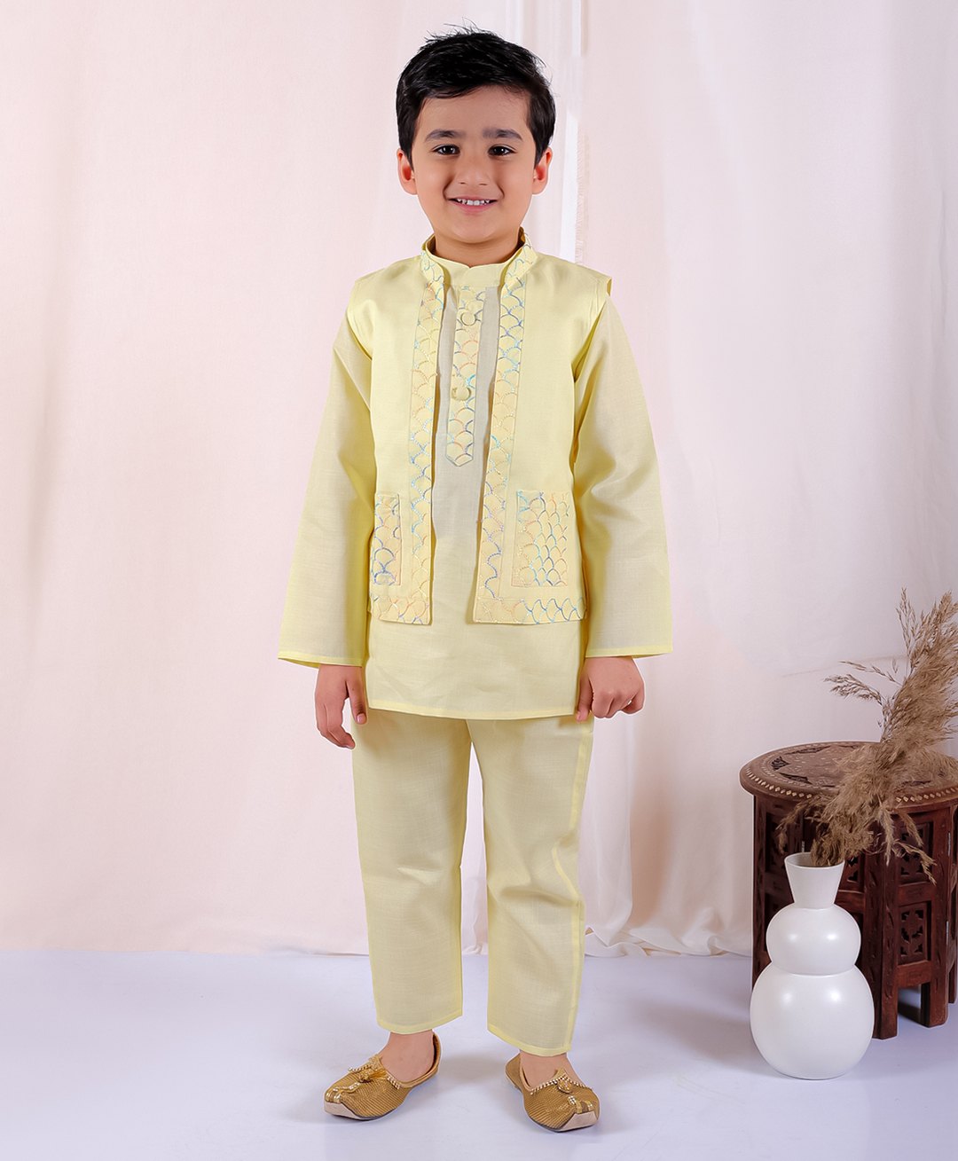 Superminis Full Sleeves Thread Work Embroidered Kurta Pyjama & Jacket - Lemon Yellow-picture-49