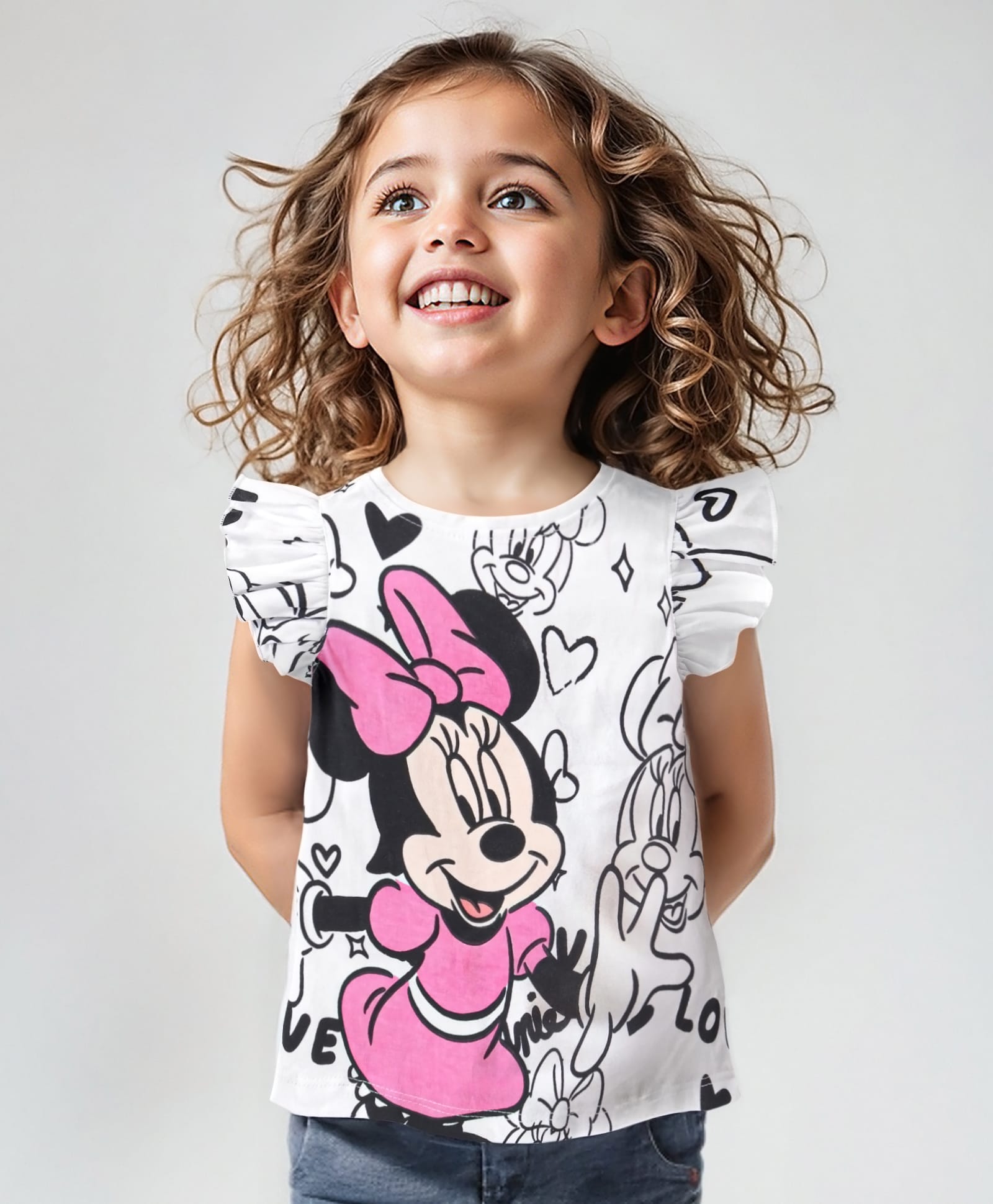 Babyhug Disney Cotton Half Sleeves Top With Frills Detailing and Minnie Mouse Graphics - White-picture-21
