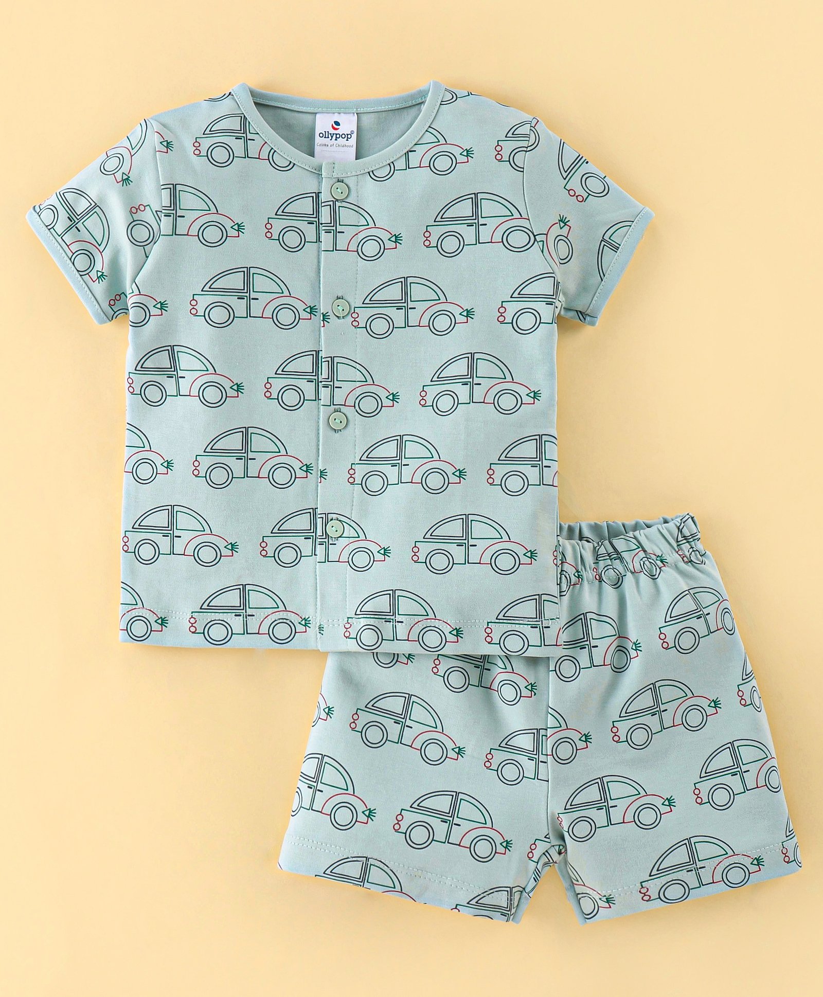Ollypop Cotton Knit Half Sleeves Night Suit With Cars Print - Blue-picture-27