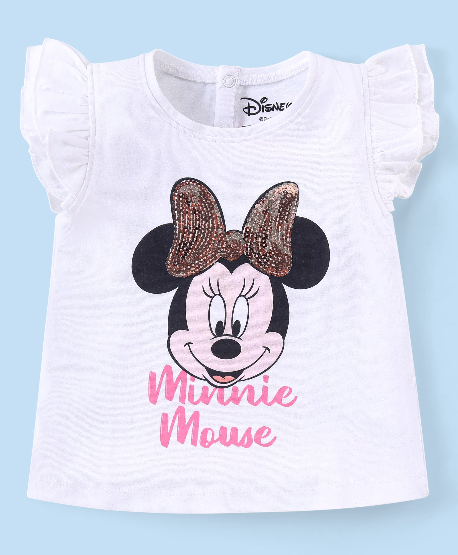 Babyhug Disney Cotton Knit Frill Sleeves Top with Minnie Mouse Graphics & Sequin Detailing - White-picture-34