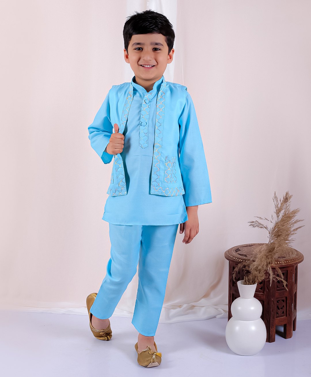 Superminis Full Sleeves Thread Work Embroidered Kurta Pyjama & Jacket - Sky Blue-picture-13