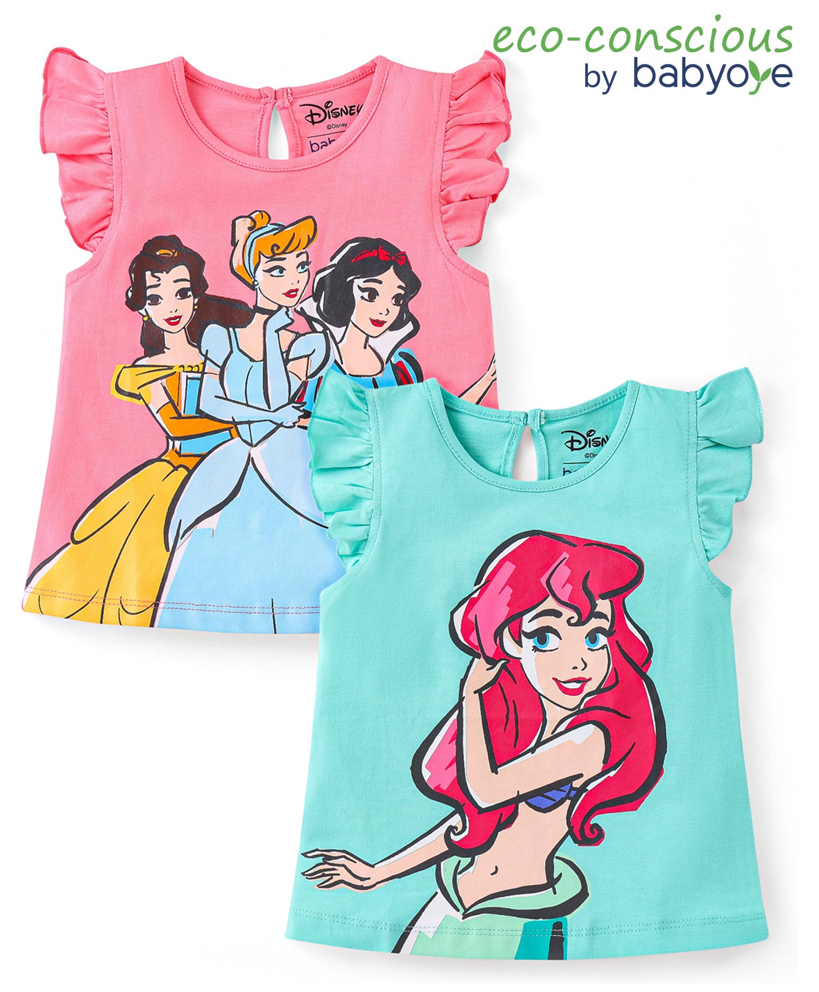 Babyoye Disney Cotton Knit Frill Sleeves Tops with Disney Princess Print Pack of 2 - Pink & Blue-picture-14