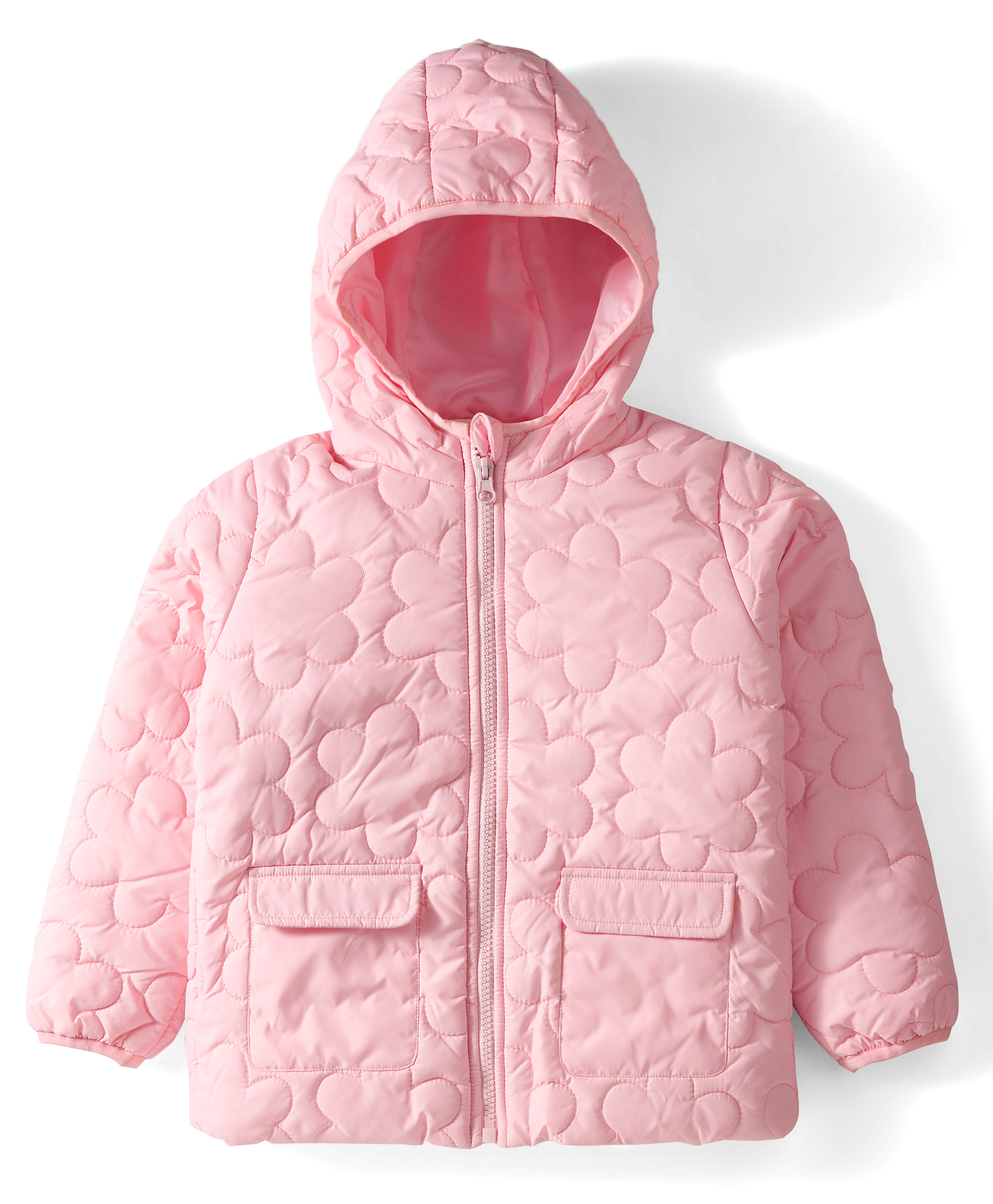 Bonfino Woven Full Sleeves Hooded Puffer Jacket with Floral Design- Pink
