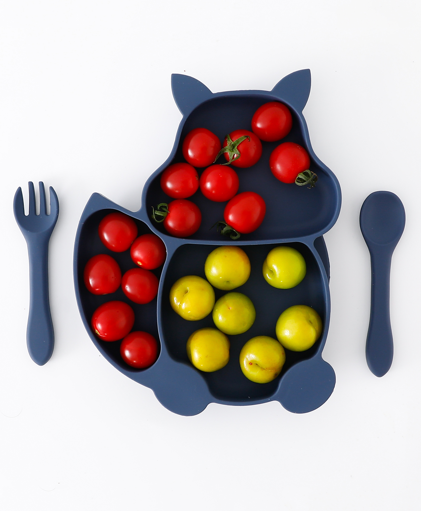 fab n funky Squirrel Shape Baby Silicone Feeding Set Suction Base Sectioned Plate With Silicone Spoon & Fork - Blue- Blue-picture-17