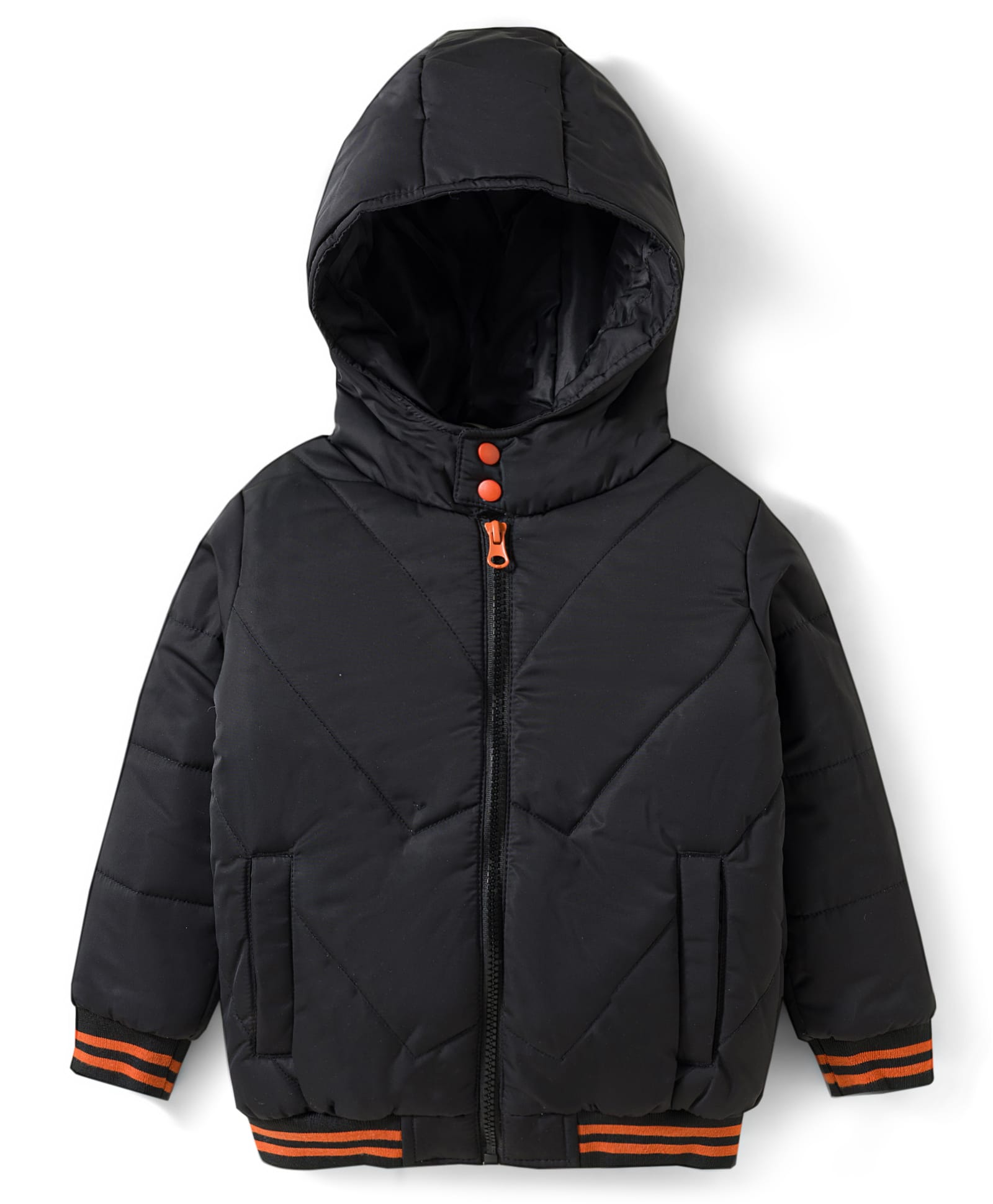 Bonfino Woven Full Sleeve Solid Colour Hooded Puffer Jacket with Design- Black