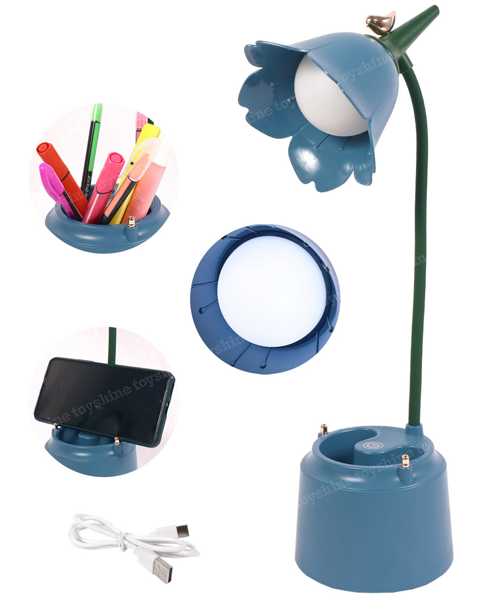 Toyshine Petal Shape Rechargeable Eye Caring 3 Mode Touch Control Bedside LED Table Lamp for Reading Study Lamp for Kids Home Office Blue-picture-13