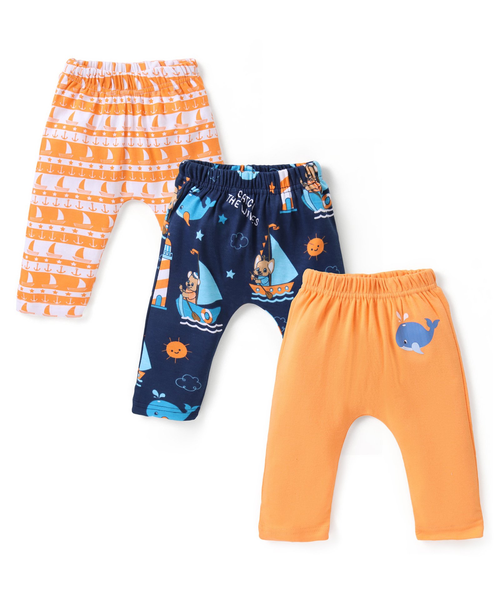Babyhug Cotton Knit Full Length Diaper Leggings with Boat and Dolphin Print Pack of 3 - Multicolour