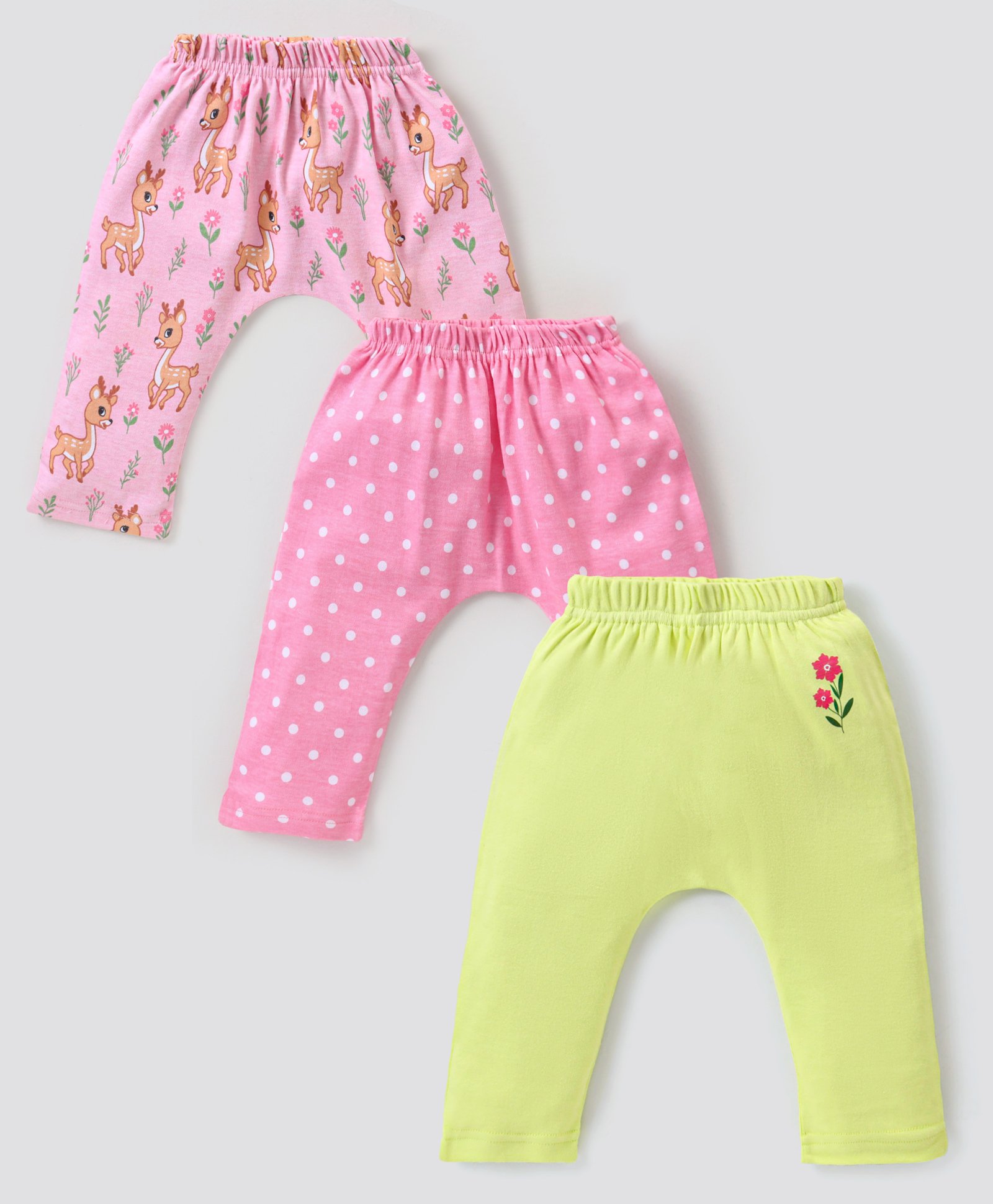Babyhug Interlock Knit Full Length Diaper Legging Deer & Polka Dot Print Pack Of 3 - Multicolor