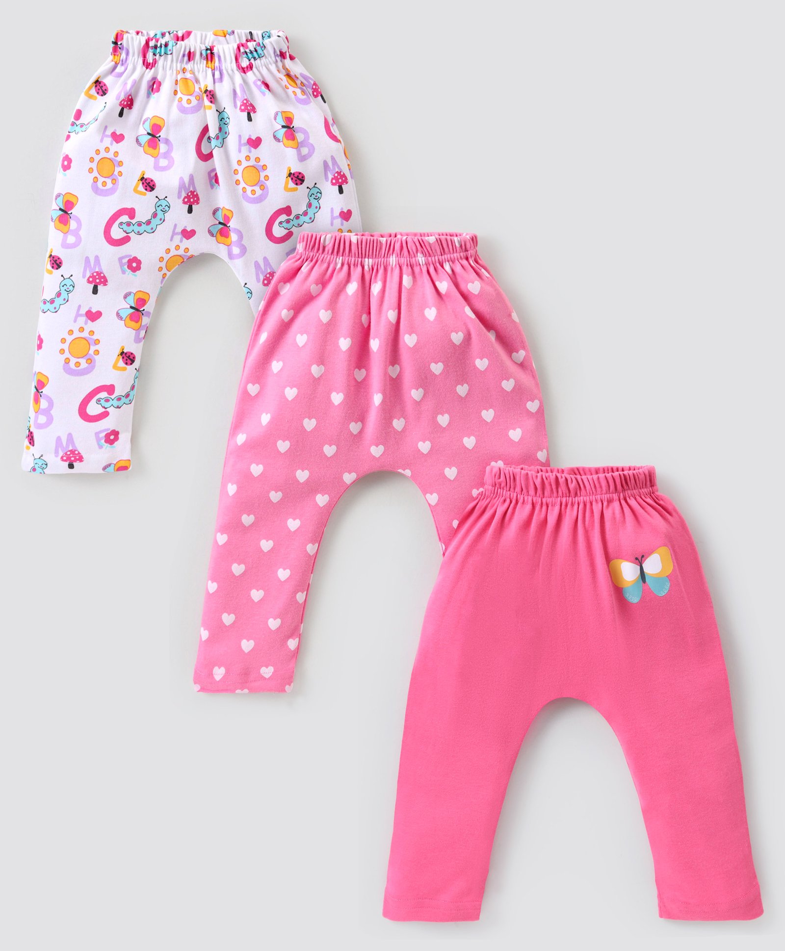 Babyhug Cotton Knit Full Length Diaper Leggings with Butterfly and Hearts Print Pack of 3 - Multicolour-picture-11