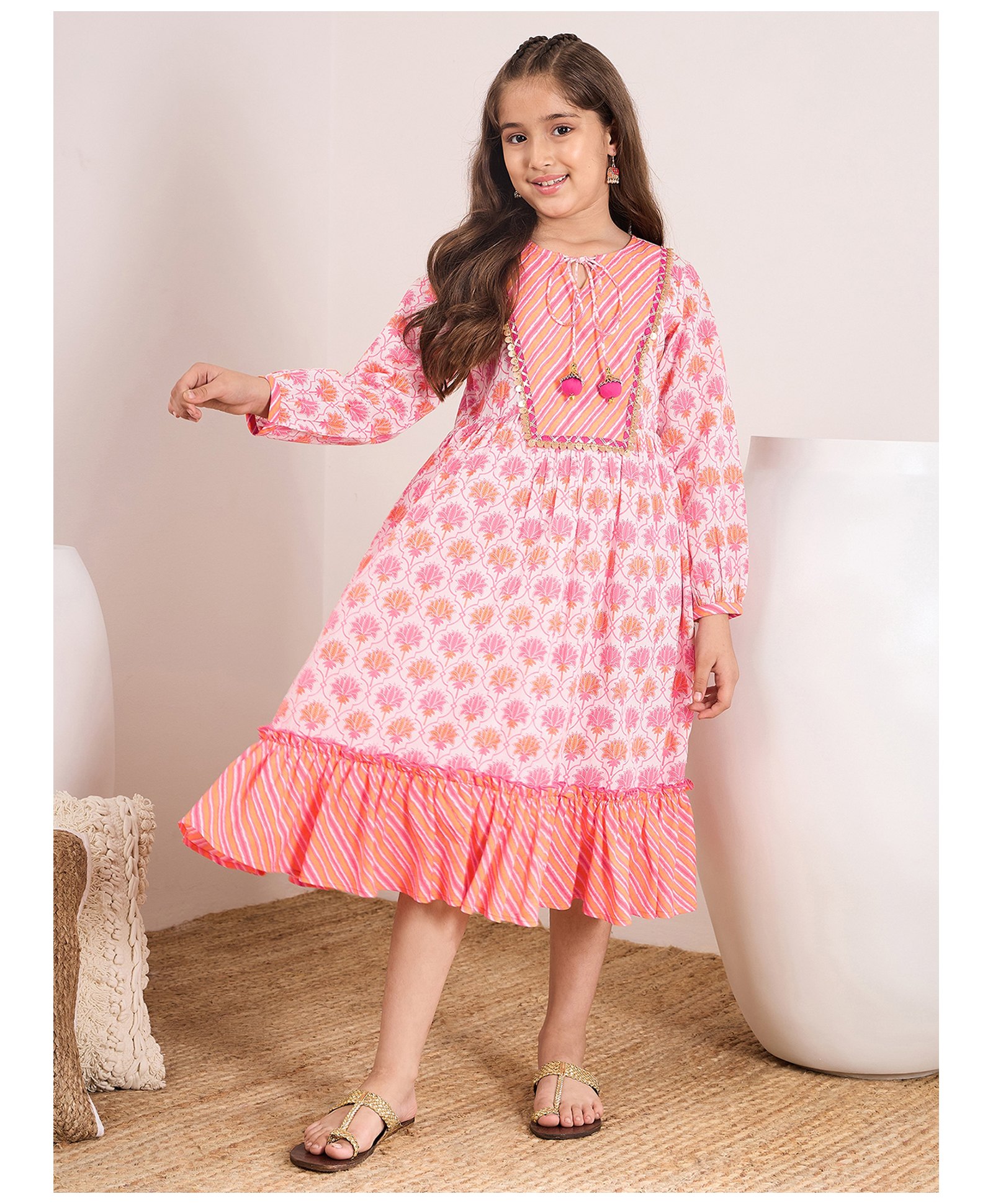 Pspeaches Full Sleeves Floral Printed & Sequin Embellished Midi Dress - Pink-picture-12