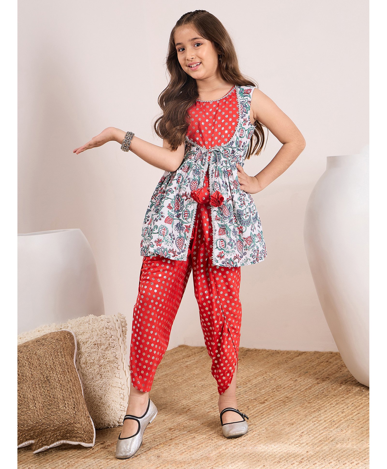Pspeaches Sleeveless Floral Printed Kurta With Dhoti - Red-picture-15