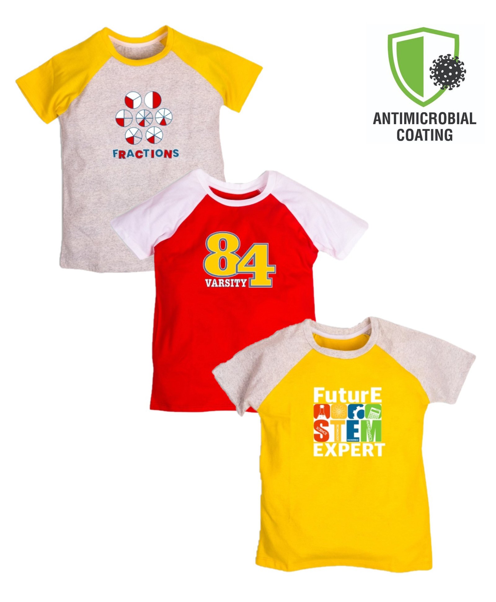 COCOON ORGANICS 100% Organic Cotton Pack Of 3 Raglan Sleeves Science Theme Printed Tees - Red Yellow & Grey Melange-image-17