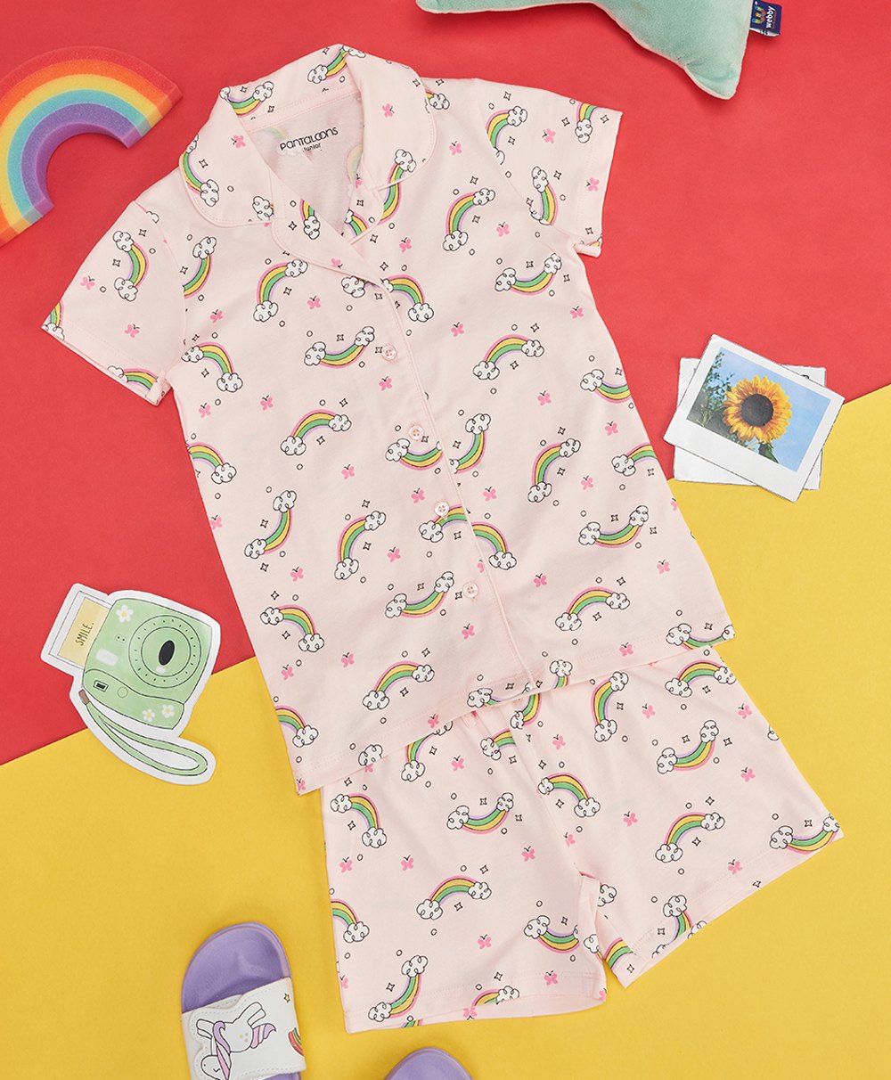 Pantaloons Junior  Cotton Knit Half Sleeves Rainbow Printed Coordinating Night Suit - Barely Pink-image-28