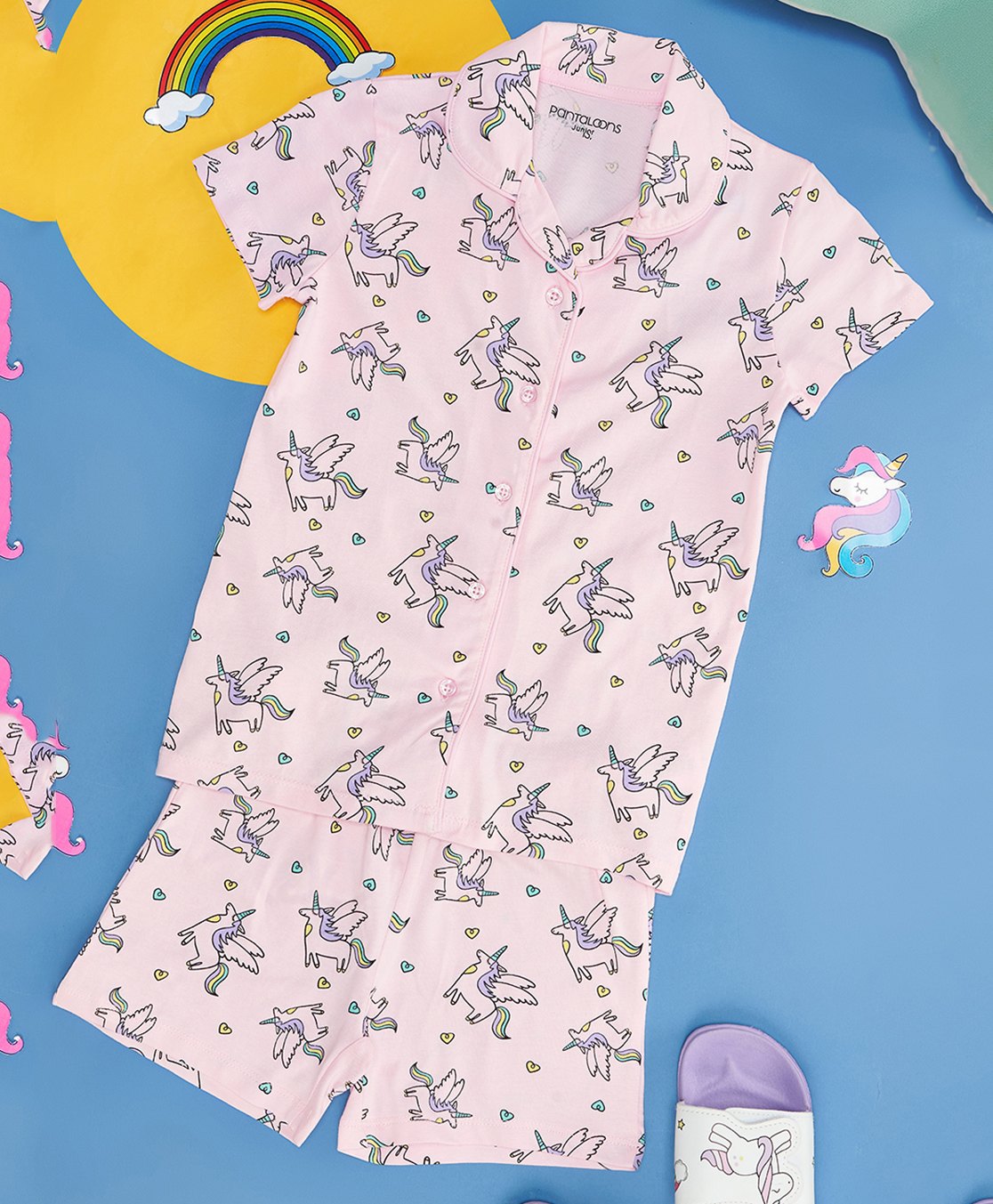 Pantaloons Junior Cotton Knit Half Sleeves Unicorn Printed Coordinating Night Suit - Crystal Pink-image-28