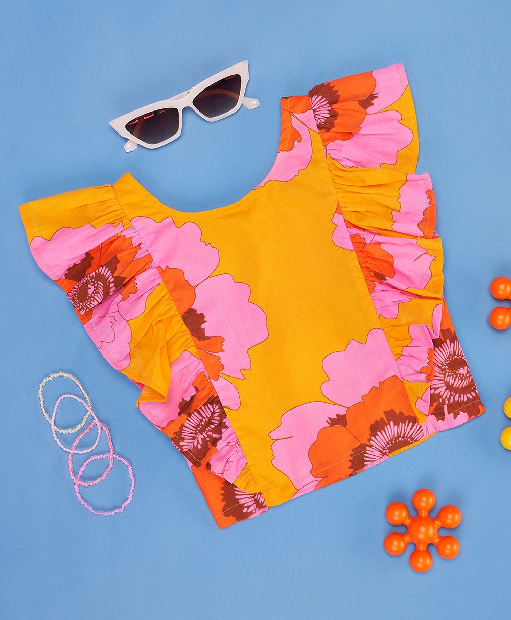 Pantaloons Junior Frill Sleeves Floral Printed Top - Orange-image-37