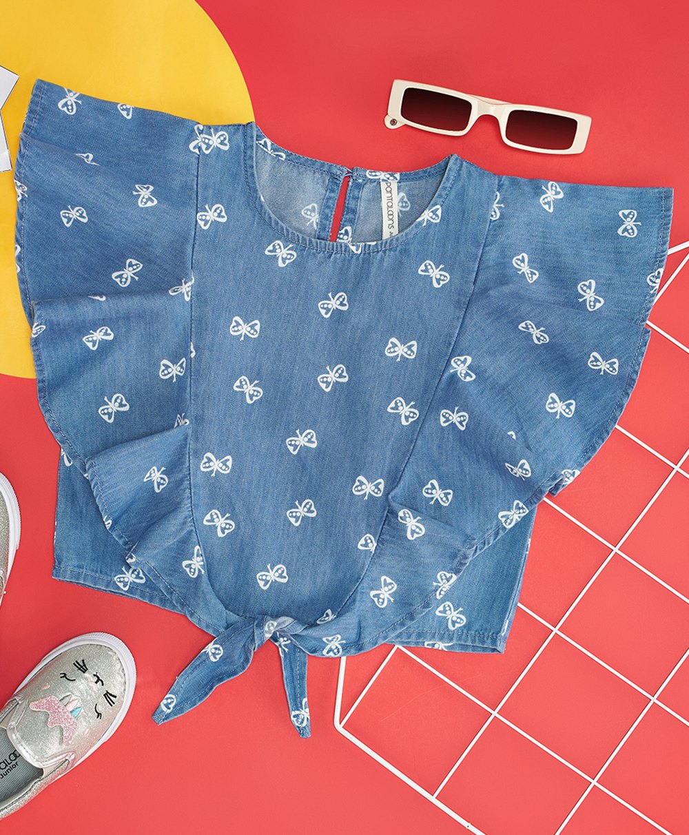 Pantaloons Junior Frill Sleeves Bow Printed Top - Blue-picture-29