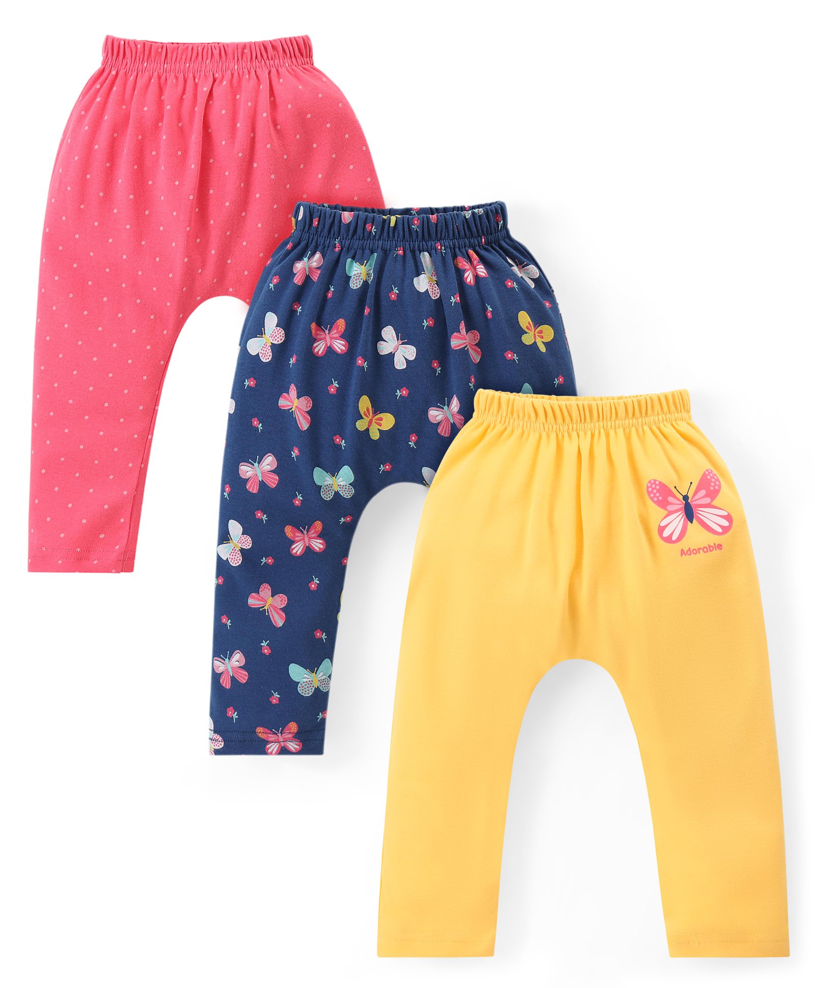 Babyhug Cotton Knit Full Length Diaper Leggings with Butterfly & Polka Dots Print Pack of 3 - Multicolor