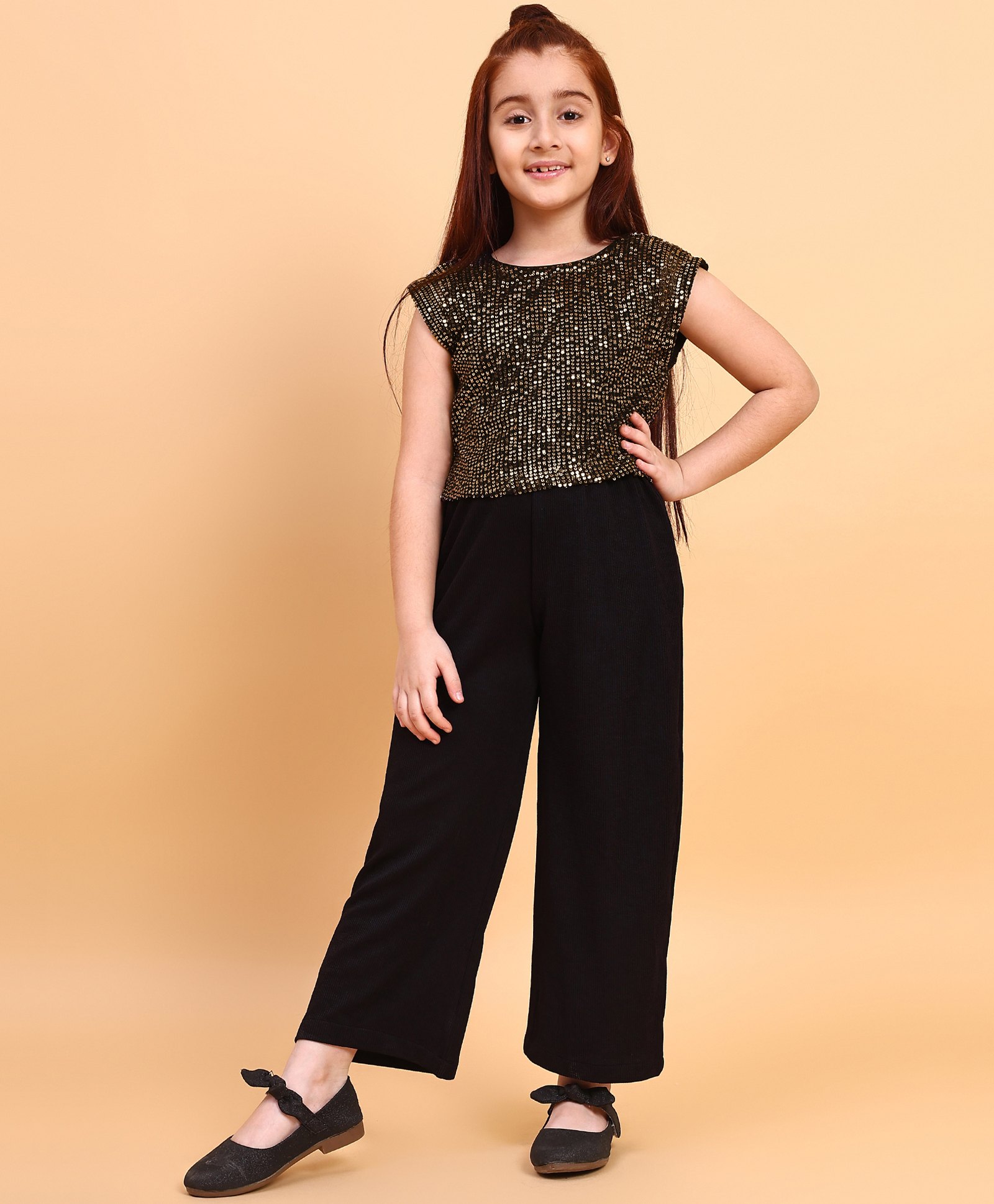 Little Marine Sleeveless Sequin Embellished  Cotton Jumpsuit - Golden & Black-picture-27