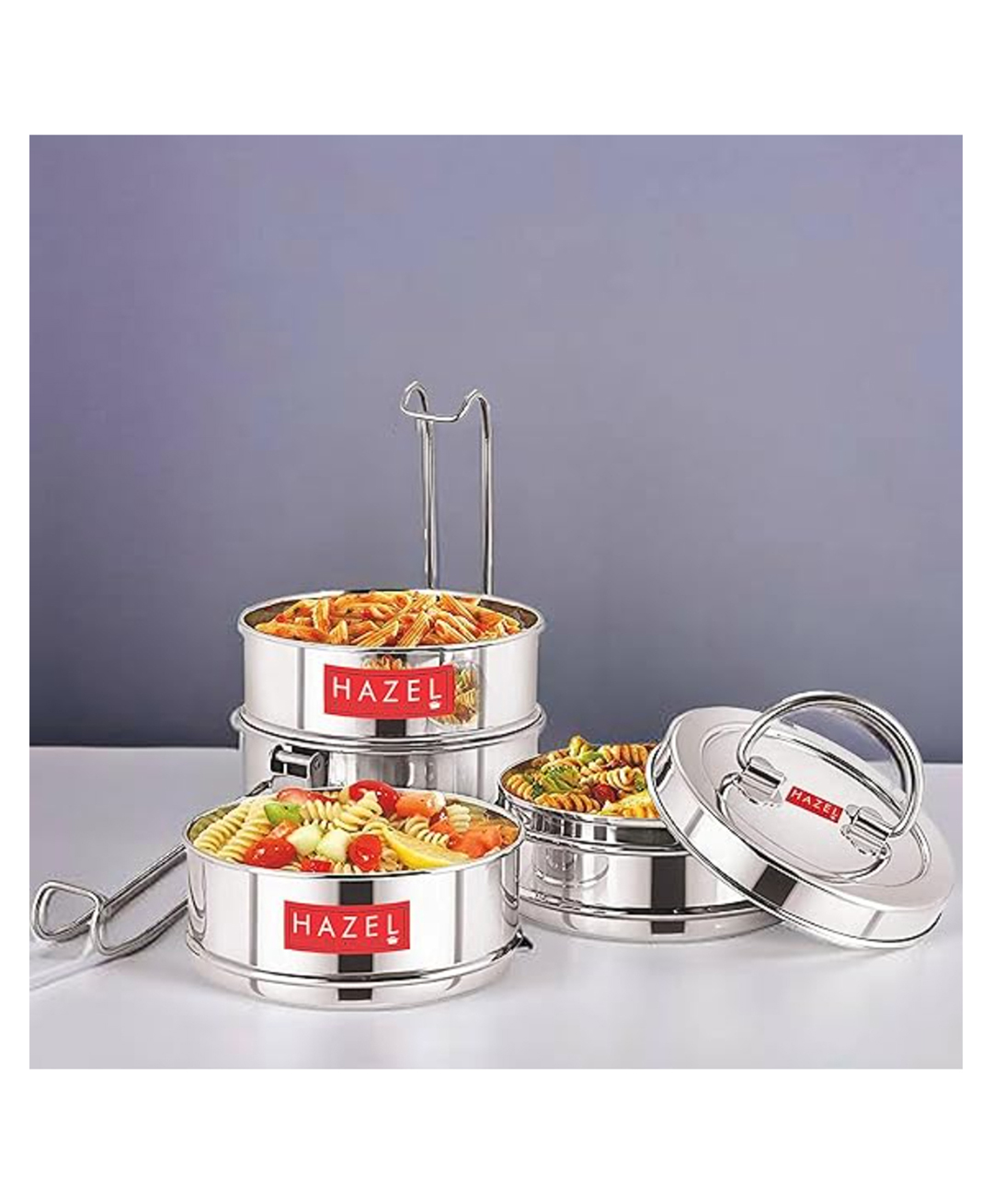 HAZEL Traditional Design Stainless Steel 4 Containers with Locking Clip Tiffin Dabba, Silver-picture-7