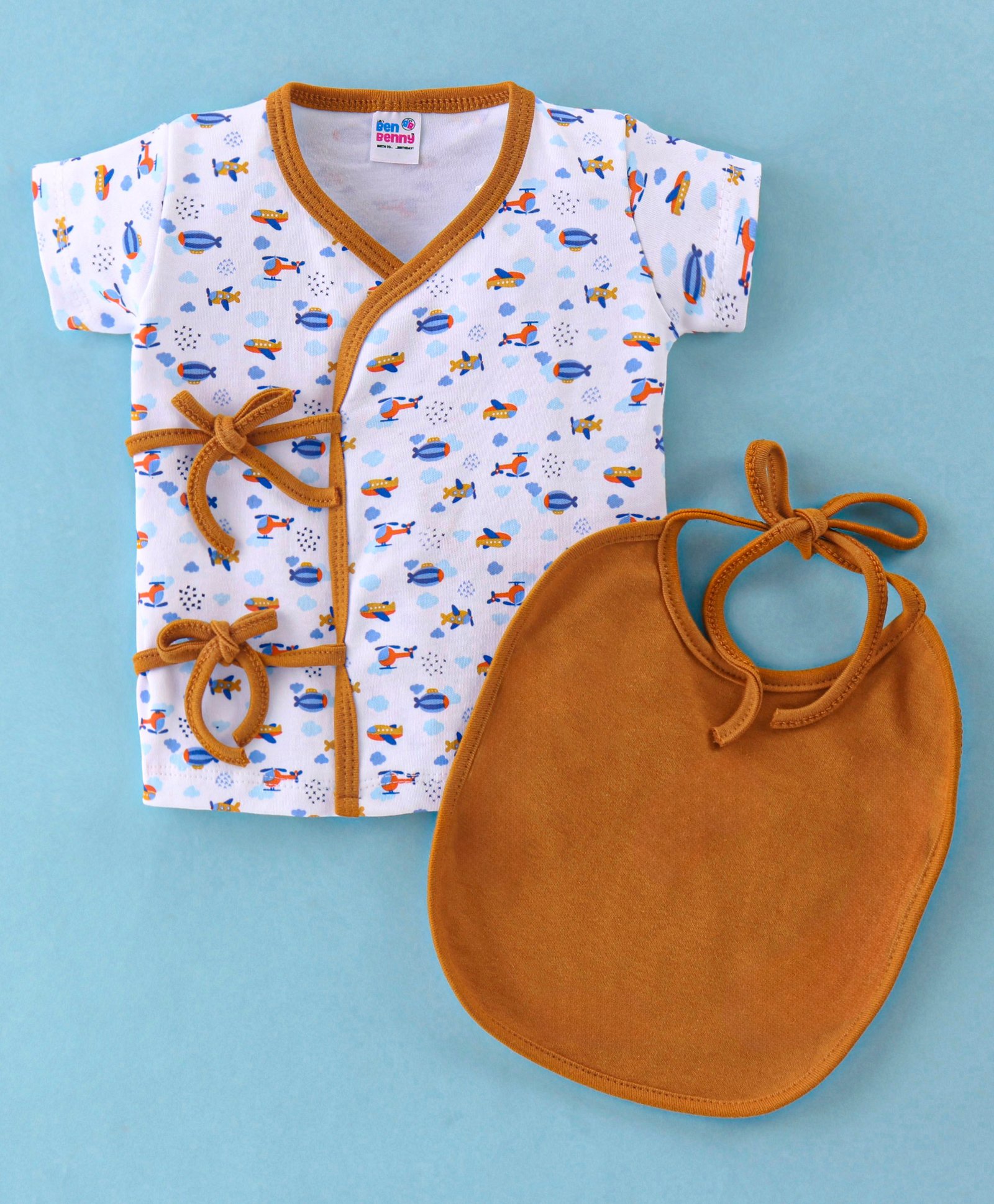 Ben Benny Interlock Knit Half Sleeves Vest with Bib Aeroplane Print - Brown & White-picture-45