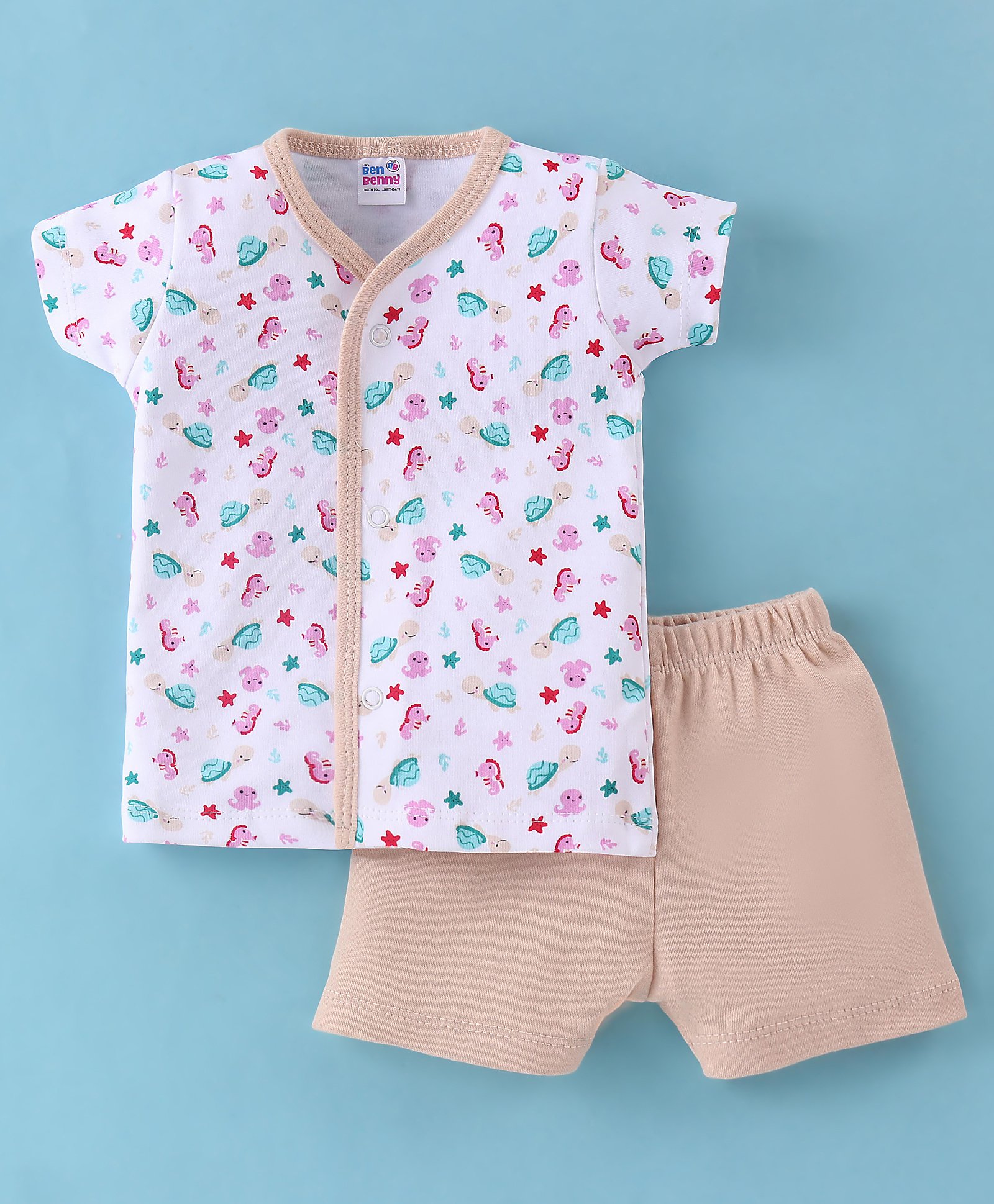 Ben Benny Single Jersey Half Sleeves Night Suit Sea Life  Print - Tan-image-5