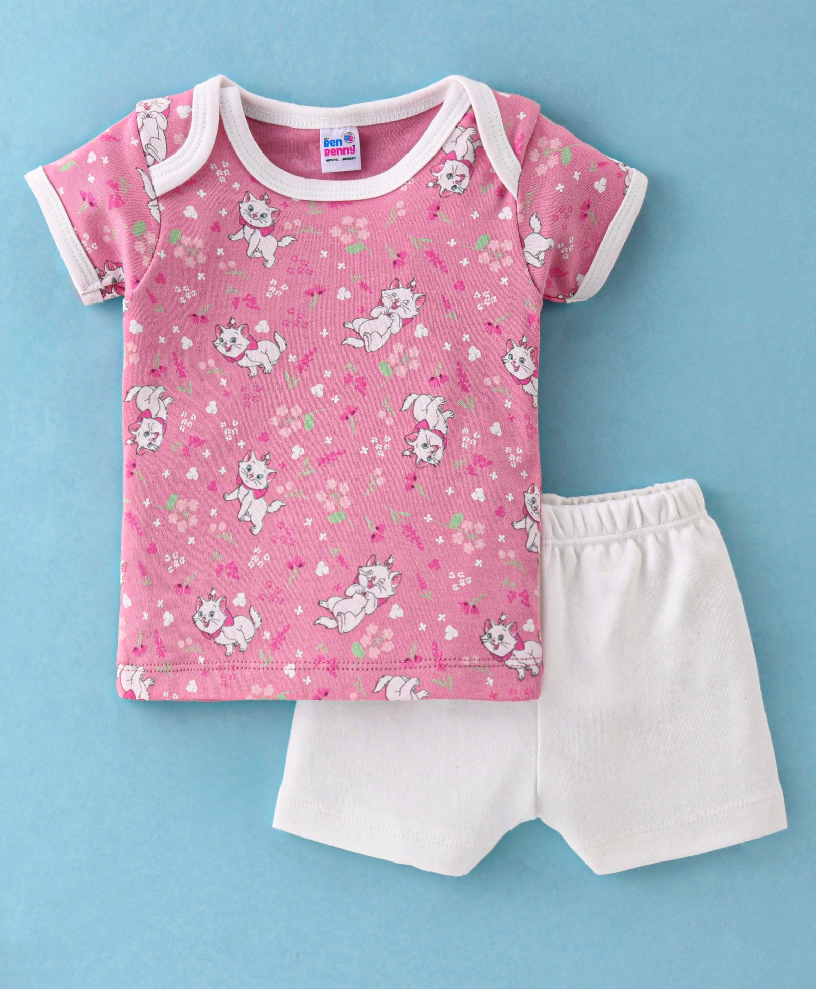 Ben Benny Single Jersey Half Sleeves Night Suit Marie Cat Print - Pink & White-picture-37