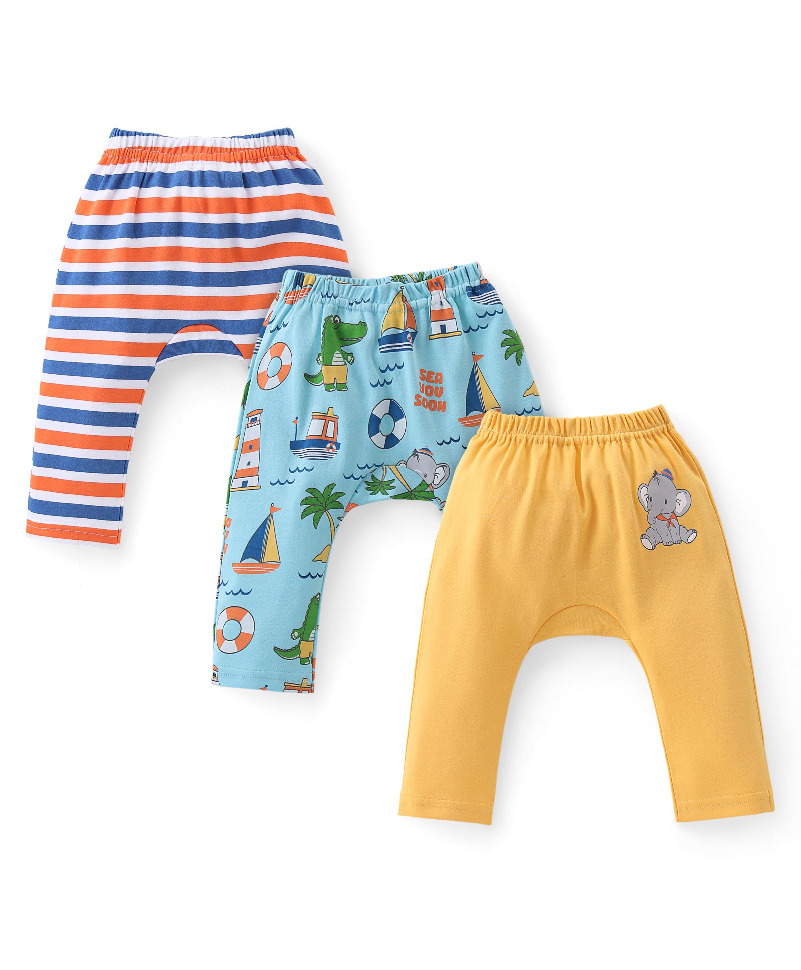 Babyhug Cotton Knit Full Length Striped Diaper Leggings Beach Theme Print Pack of 3 - Multicolour-image-39
