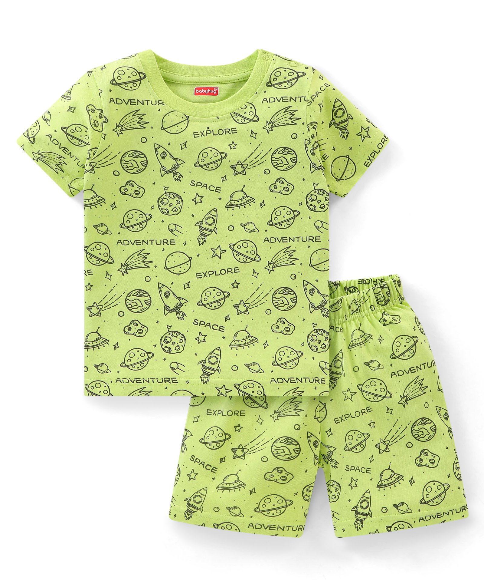Babyhug Cotton Knit Half Sleeves Outer Space Printed Night Suit - Green-image-48