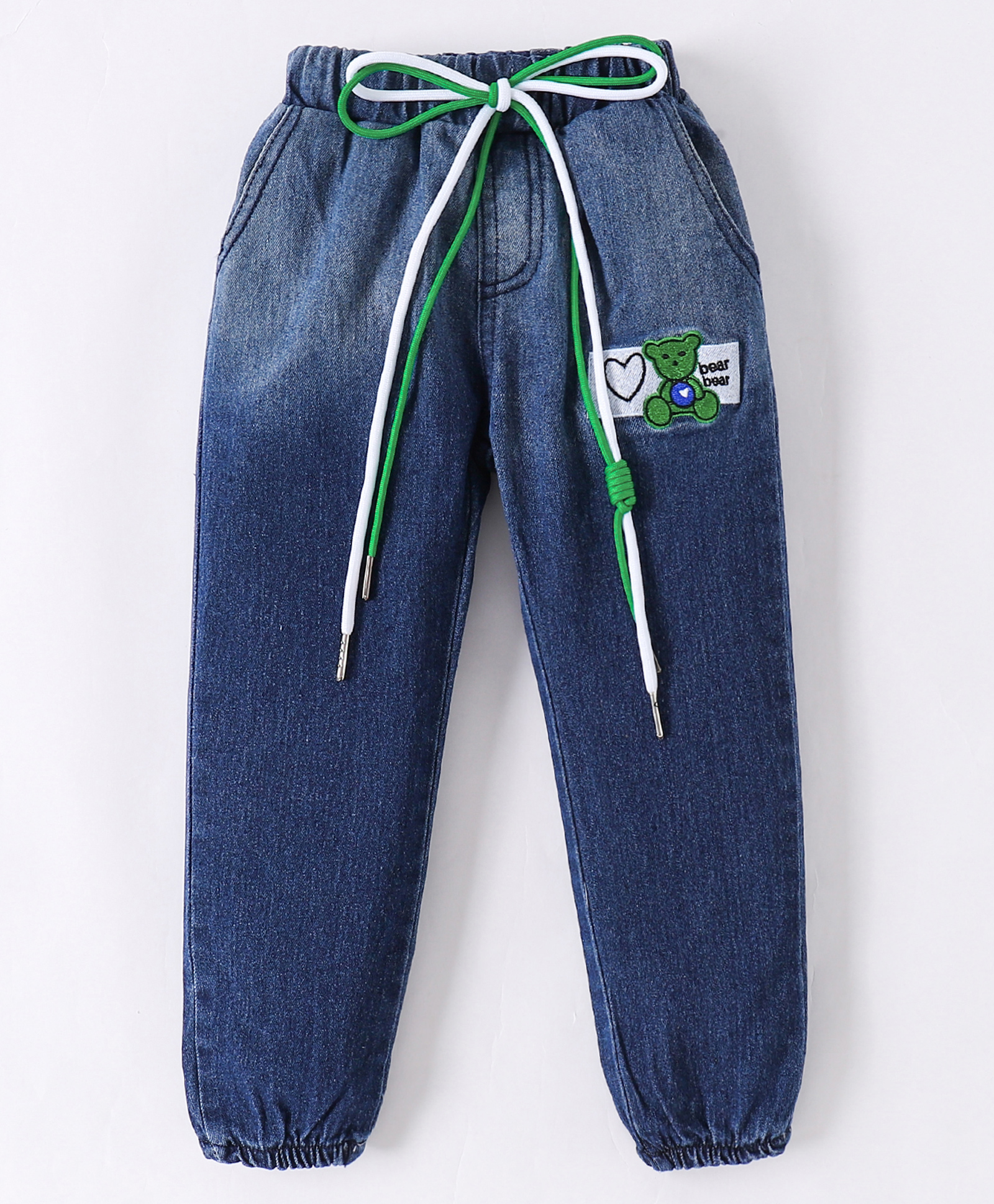 Kookie Kids Denim Full Length Bear Embroidered & Draw Cords Detailing Jeans - Blue-picture-25