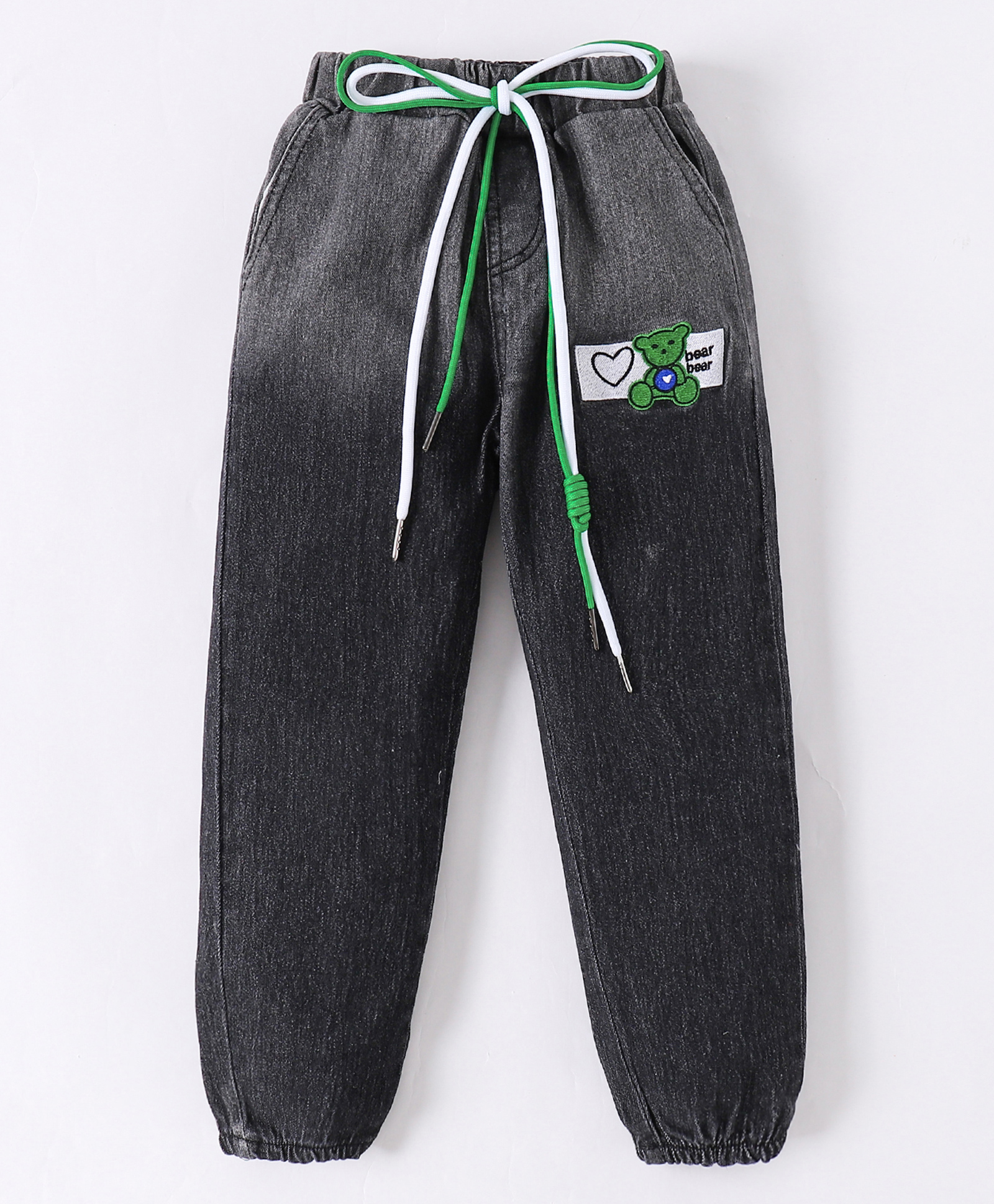 Kookie Kids Denim Full Length Bear Embroidered & Draw Cords Detailing Jeans - Black-picture-22