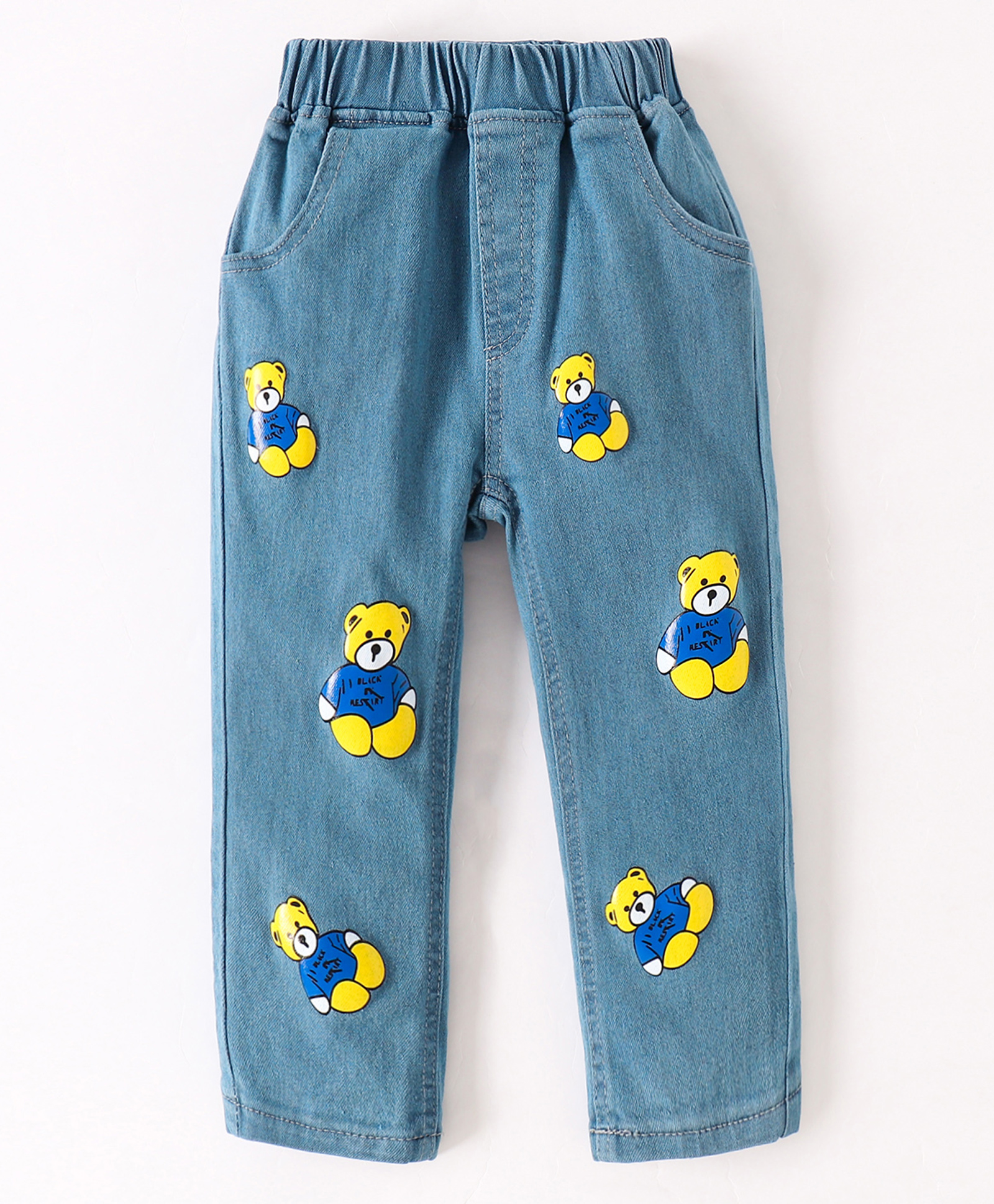 Kookie Kids Full Length Denim Washed Jeans with Teddy Print - Blue-picture-12