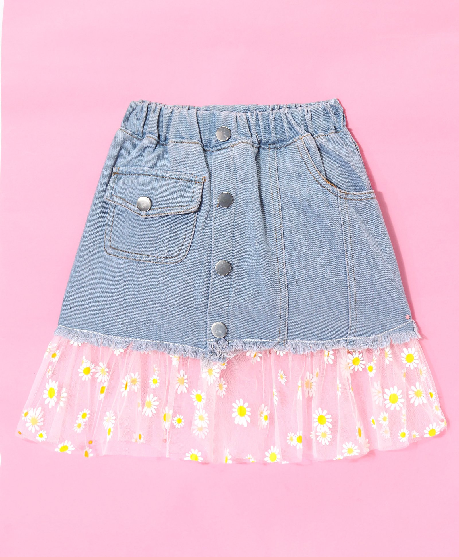 Kookie Kids Denim Skirt with Net Floral Design - Blue-picture-23