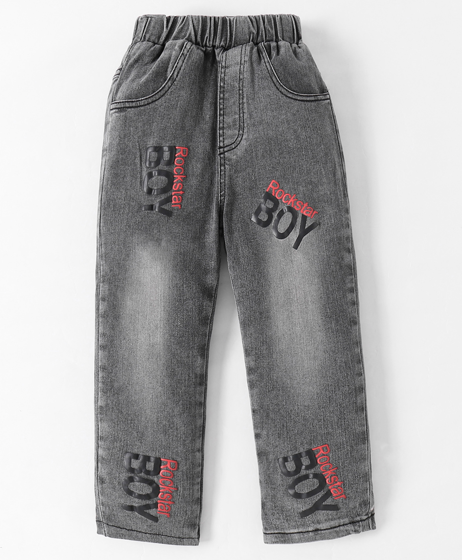 Kookie Kids Full Length Washed Denim Jeans with Text Print - Black-picture-27