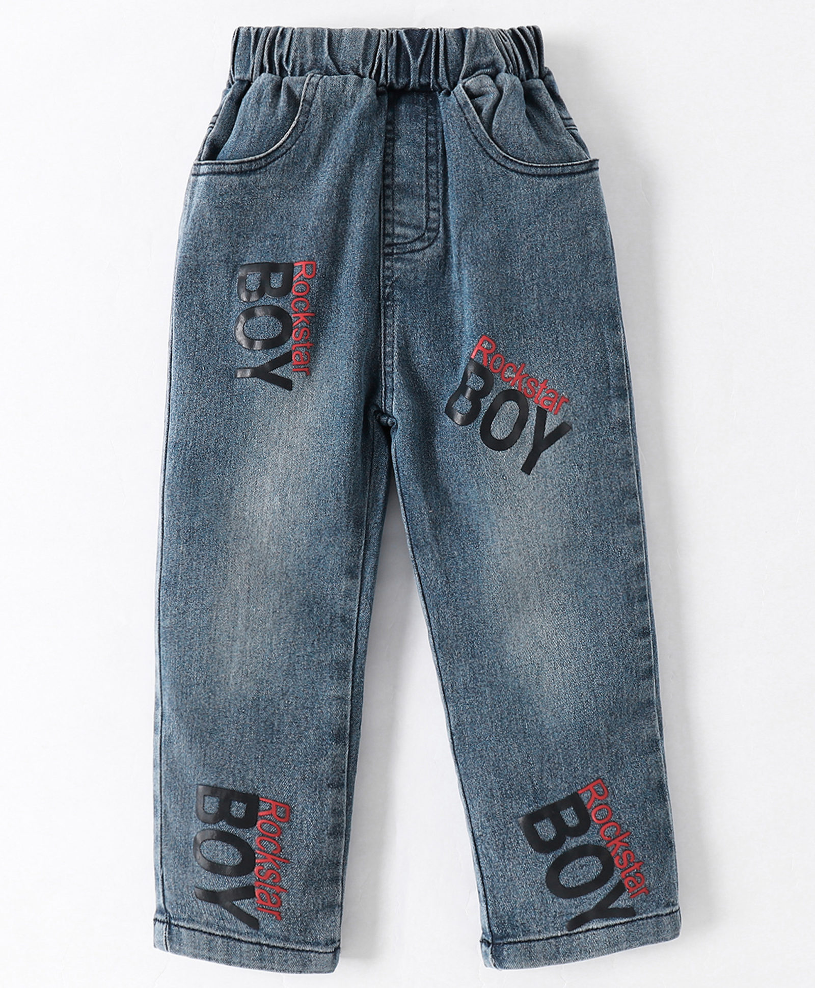 Kookie Kids Full Length Washed Denim Jeans with Text Print - Blue-image-28