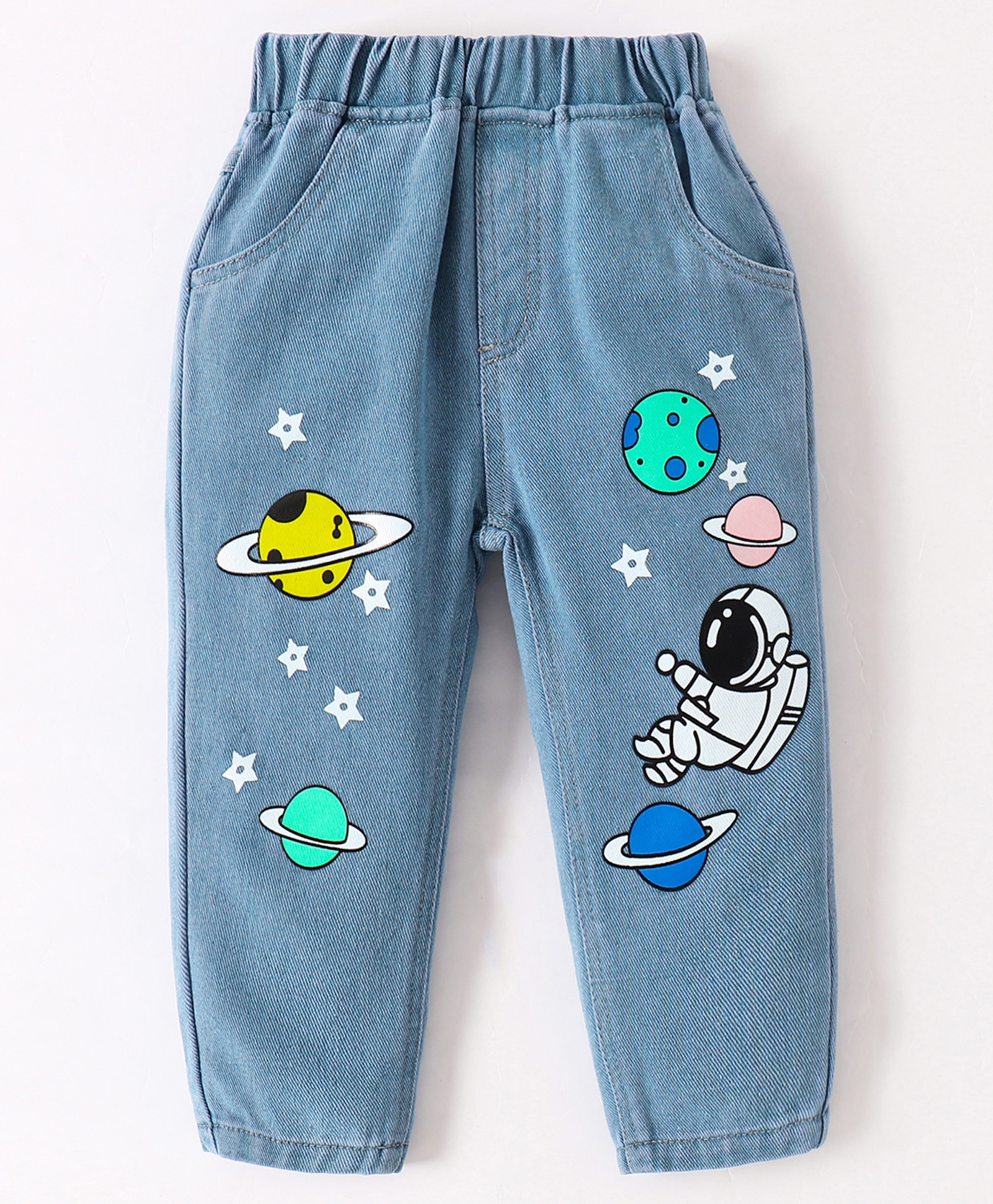 Kookie Kids Full Length Denim Washed Jeans with Space Theme Print  - Blue-picture-38