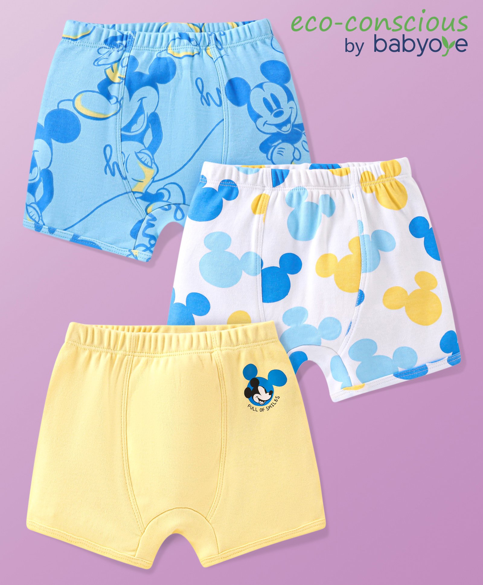 Babyoye Disney Interlock Knit Trunks with Mickey Mouse Graphics Pack of 3 - Blue Yellow & White-picture-48
