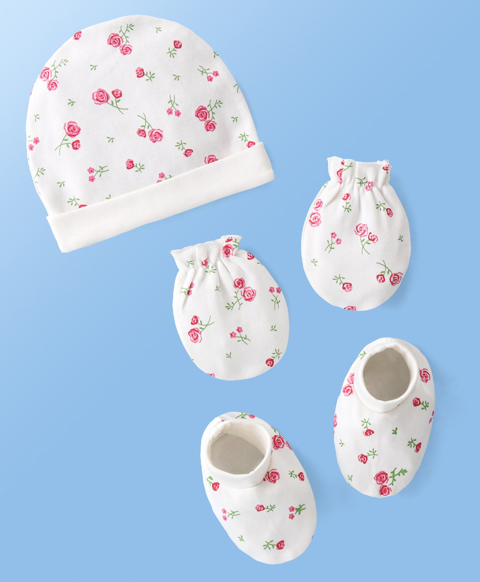 Doodle Poodle 100% Cotton Cap Mittens & Booties Set Floral Print Bright White - Diameter 11.5 cm-picture-29