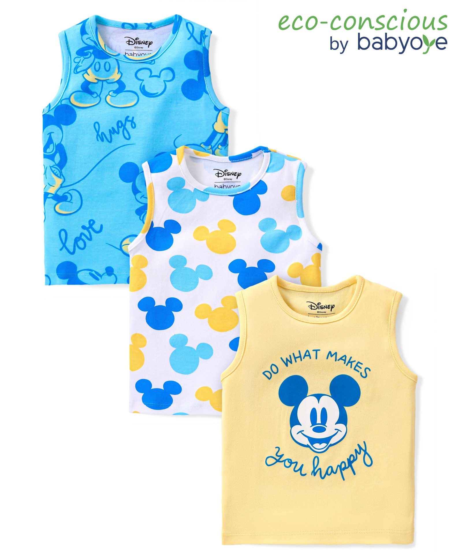 Babyoye Disney Cotton Knit Sleeveless Mickey Mouse Printed Sandos Pack of 3 - Multicolour-picture-17