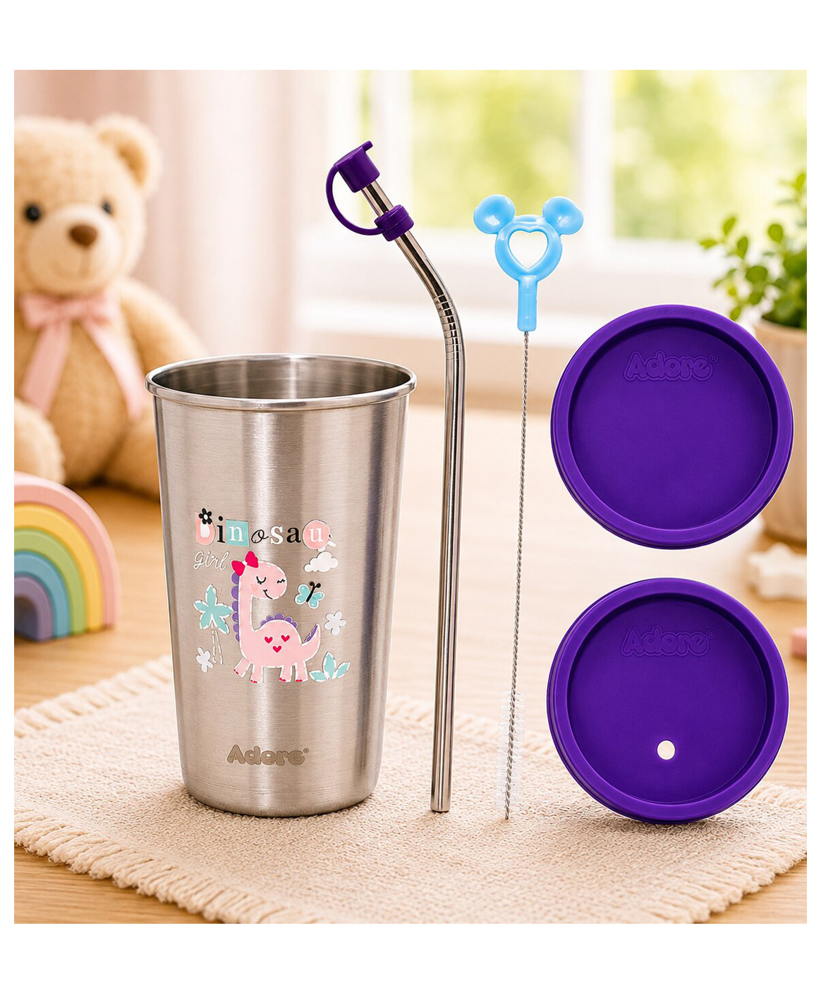 Adore Bliss Stainless Steel Tumbler with Lid, Hole Lid, Straw and Brush Set- Purple 300ml-image-40